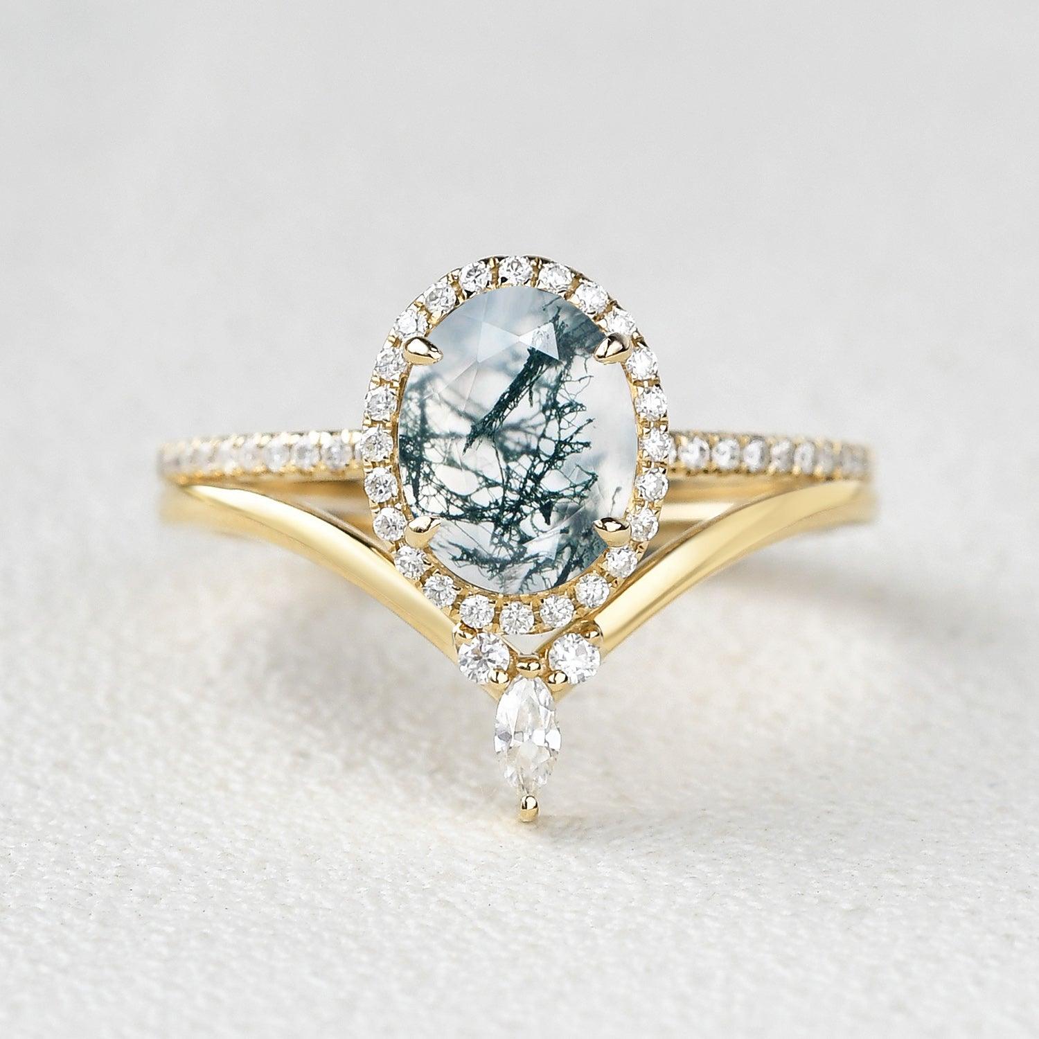 Oval Cut Moss Agate Halo Rose Gold Ring Set 2pcs - Felicegals 丨Wedding ring 丨Fashion ring 丨Diamond ring 丨Gemstone ring