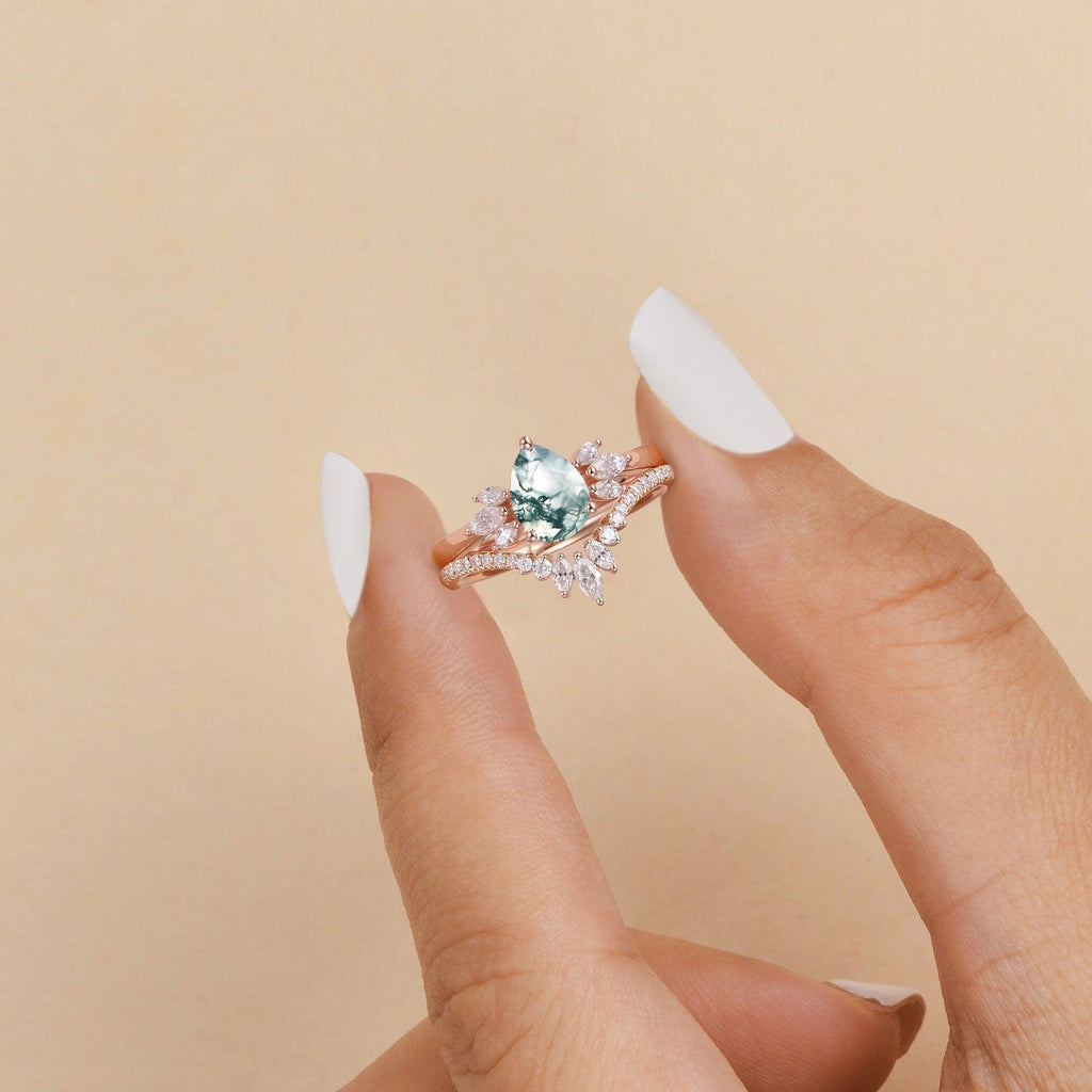 1.5ct Pear Shaped Moss Agate Butterfly Cluster Ring Set 2pcs - Felicegals 丨Wedding ring 丨Fashion ring 丨Diamond ring 丨Gemstone ring