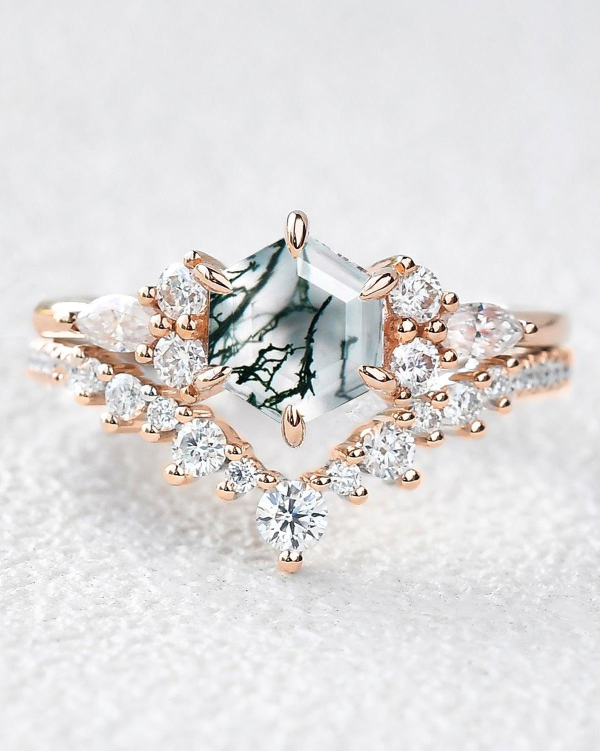 Vintage Hexagon Cut Moss Agate Engagement Ring Set 2pcs - Felicegals 丨Wedding ring 丨Fashion ring 丨Diamond ring 丨Gemstone ring