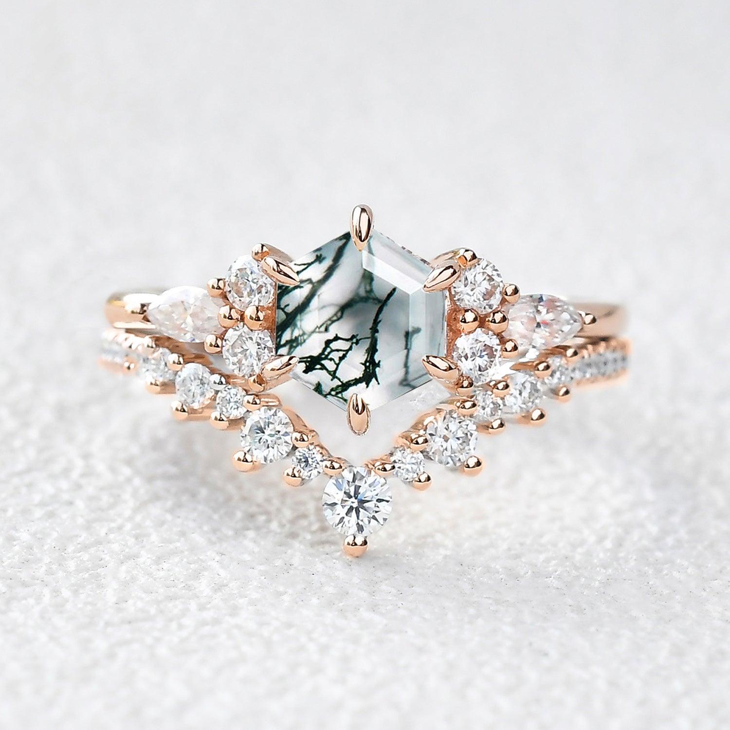 Vintage Hexagon Cut Moss Agate Engagement Ring Set 2pcs - Felicegals 丨Wedding ring 丨Fashion ring 丨Diamond ring 丨Gemstone ring