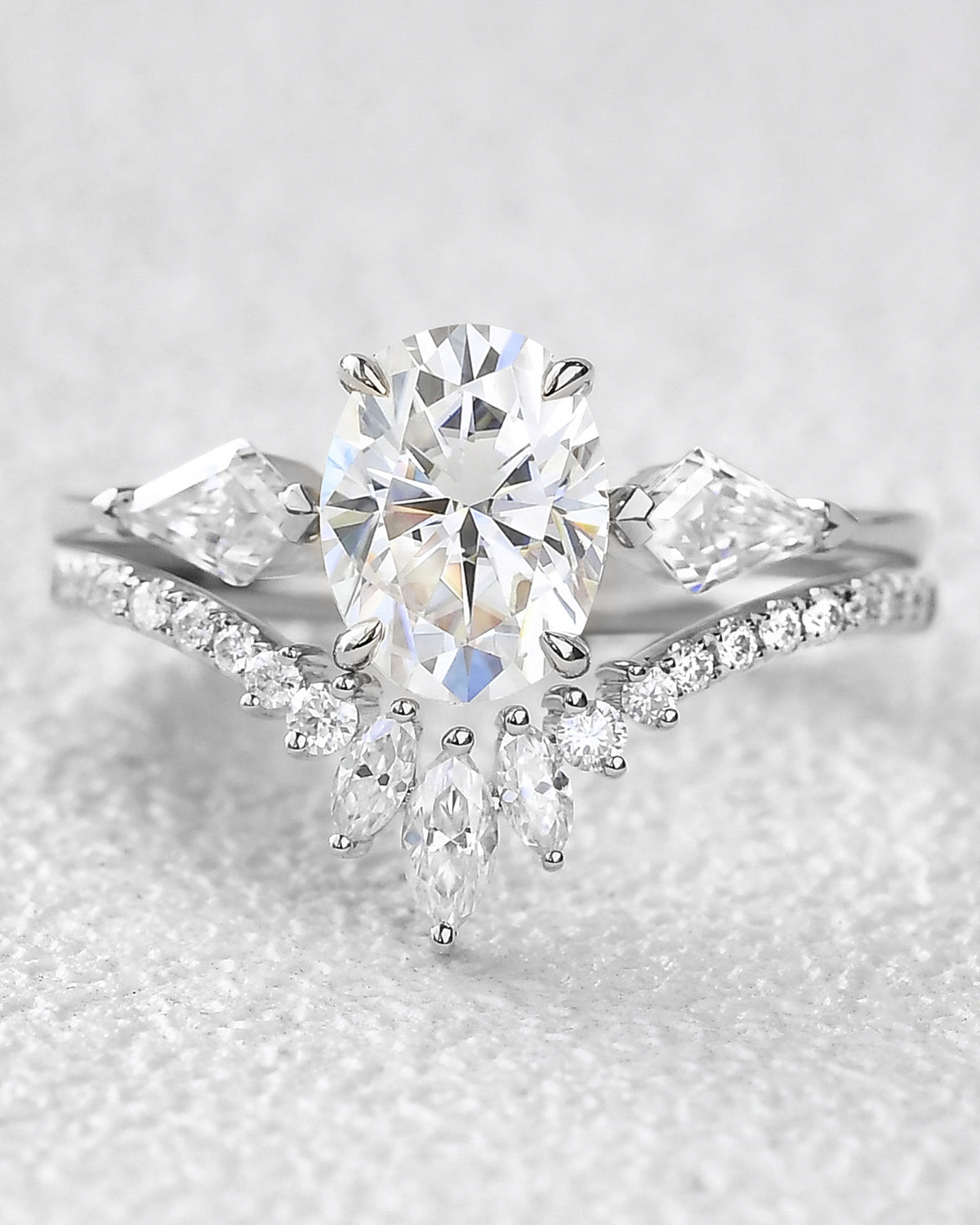 1.5ct Oval Moissanite Kite Three Stones Engagement Ring Set 2pcs