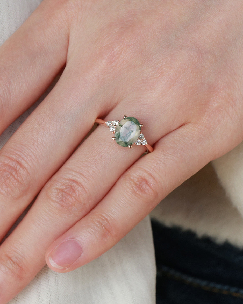 Oval Moss Agate Classic Cluster Engagement Ring - Aurora