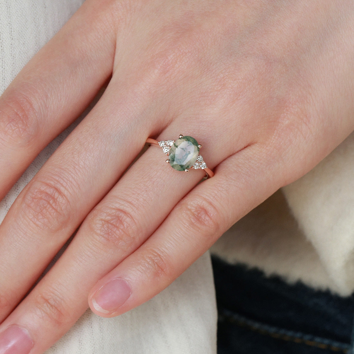 Oval Moss Agate Classic Cluster Engagement Ring - Aurora