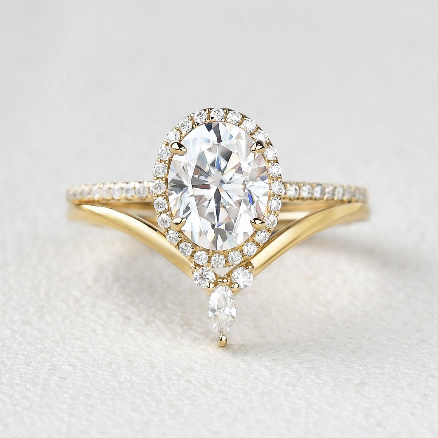 Oval Cut Moss Agate Halo Rose Gold Ring Set 2pcs - Felicegals 丨Wedding ring 丨Fashion ring 丨Diamond ring 丨Gemstone ring