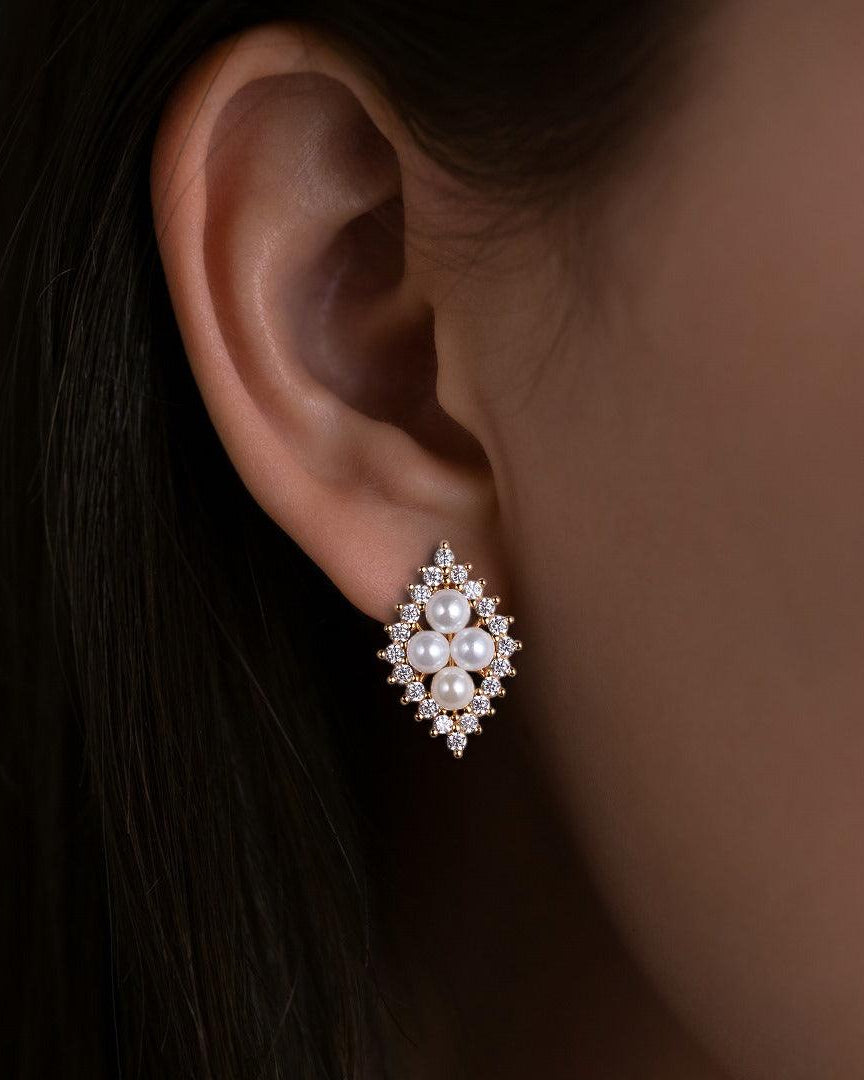 Freshwater Pearls & Moissanite Vintage Inspired Yellow Gold Earrings - Felicegals 丨Wedding ring 丨Fashion ring 丨Diamond ring 丨Gemstone ring--Felicegals