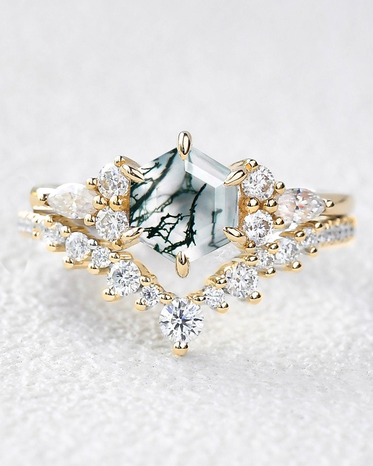 Vintage Hexagon Cut Moss Agate Engagement Ring Set 2pcs - Felicegals 丨Wedding ring 丨Fashion ring 丨Diamond ring 丨Gemstone ring