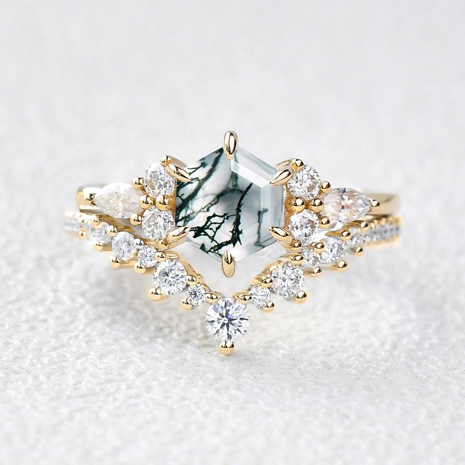 Vintage Hexagon Cut Moss Agate Engagement Ring Set 2pcs - Felicegals 丨Wedding ring 丨Fashion ring 丨Diamond ring 丨Gemstone ring