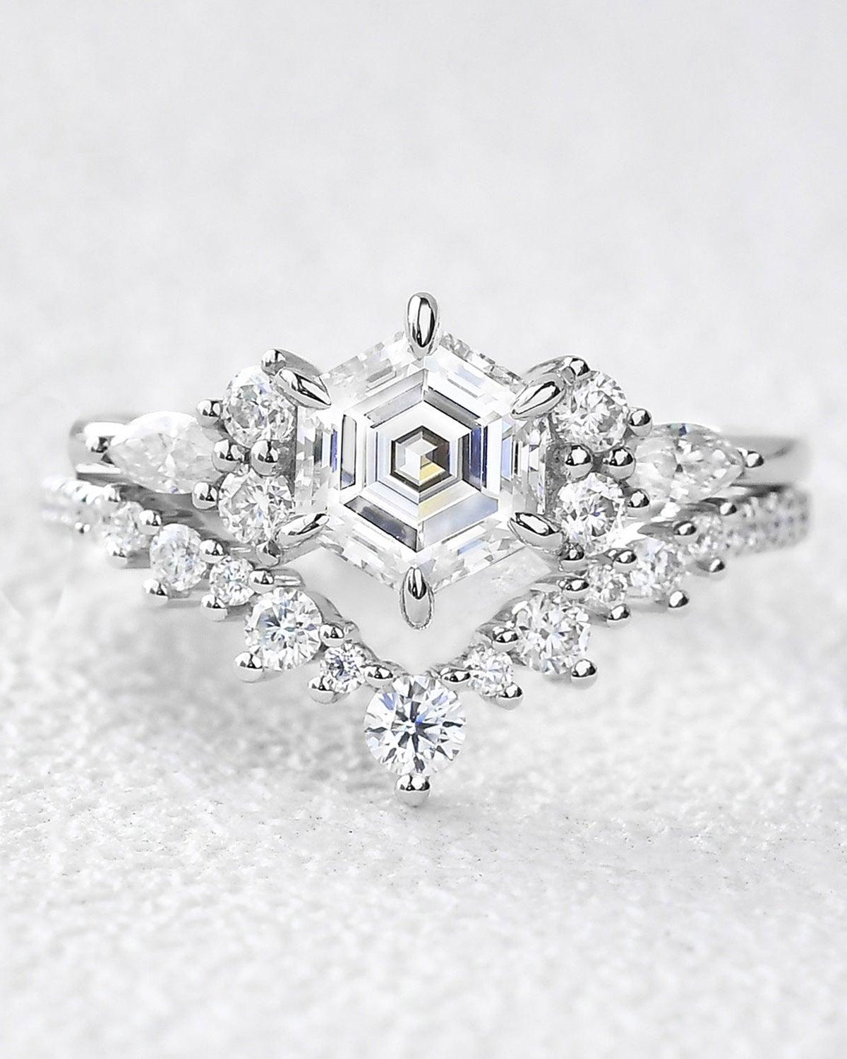 Vintage Hexagon Cut Moss Agate Engagement Ring Set 2pcs - Felicegals 丨Wedding ring 丨Fashion ring 丨Diamond ring 丨Gemstone ring