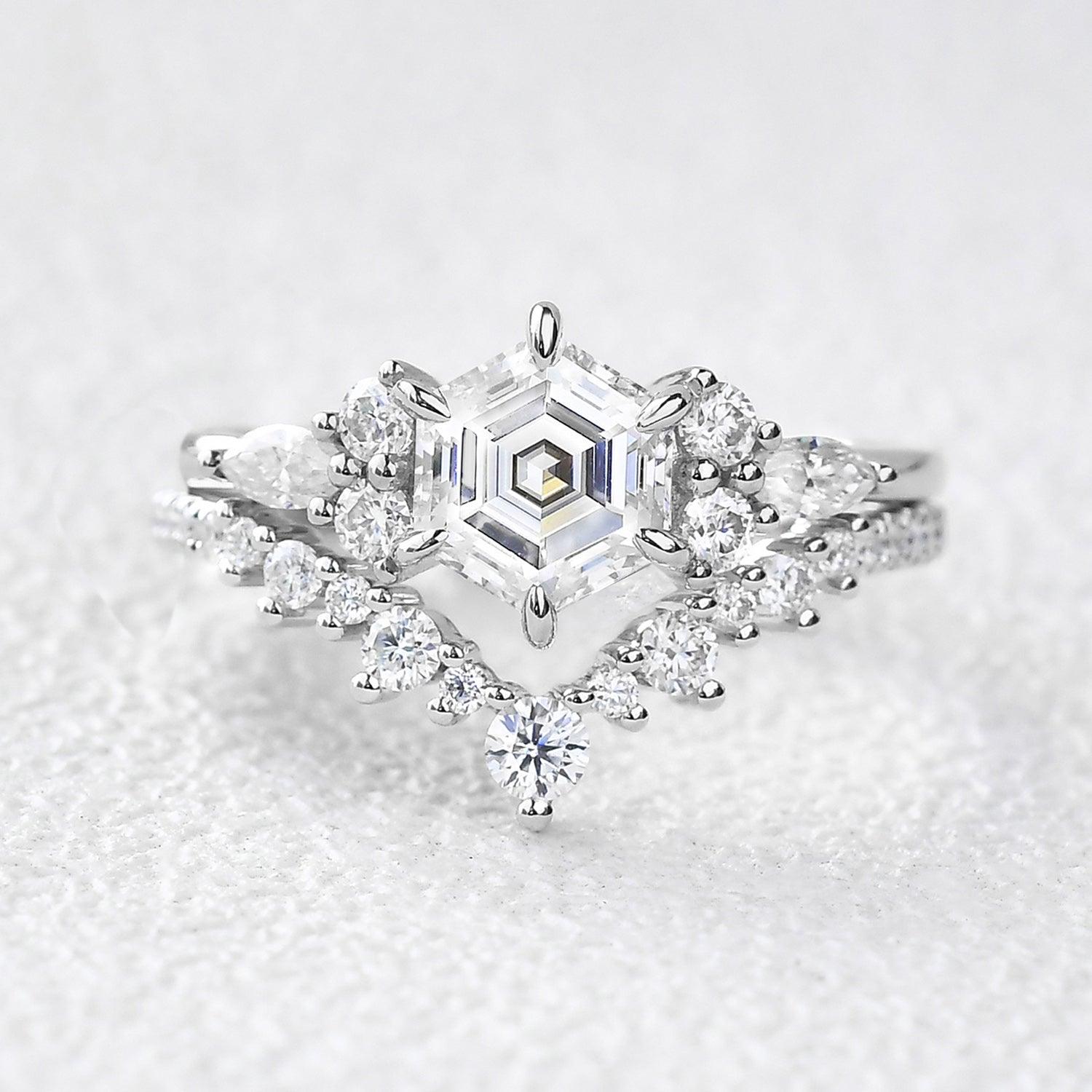 Vintage Hexagon Cut Moss Agate Engagement Ring Set 2pcs - Felicegals 丨Wedding ring 丨Fashion ring 丨Diamond ring 丨Gemstone ring