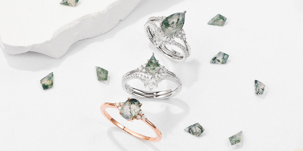 Oval Cut Natural Green Moss Agate Ring Set with Moissanite – IfShe UK