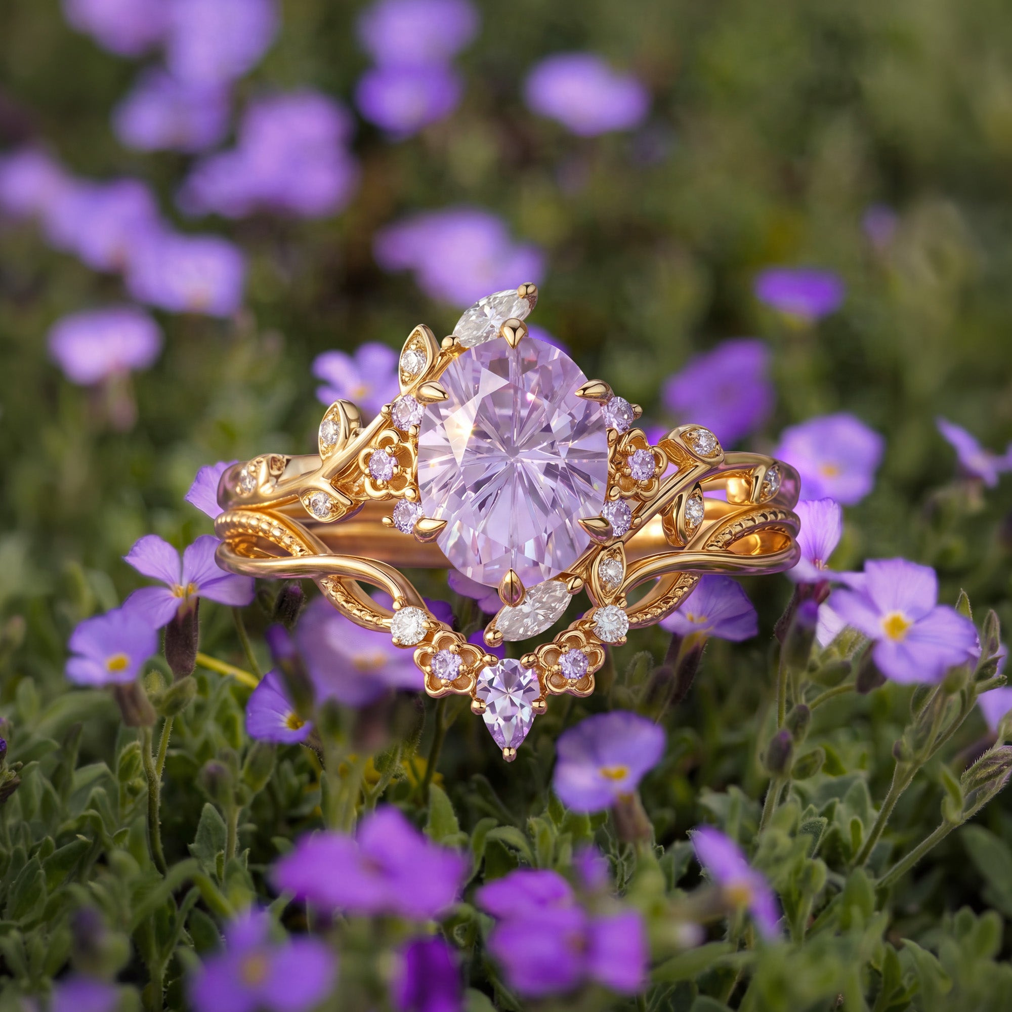 Firework Cut Oval Flower Lab Lavender Sapphire Engagement Ring Set 2pcs - Callista