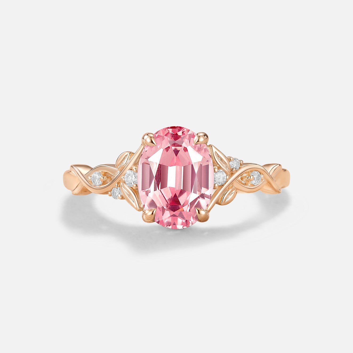 Oval Cut Leafy Twist Band Lab Pink Sapphire Engagement Ring