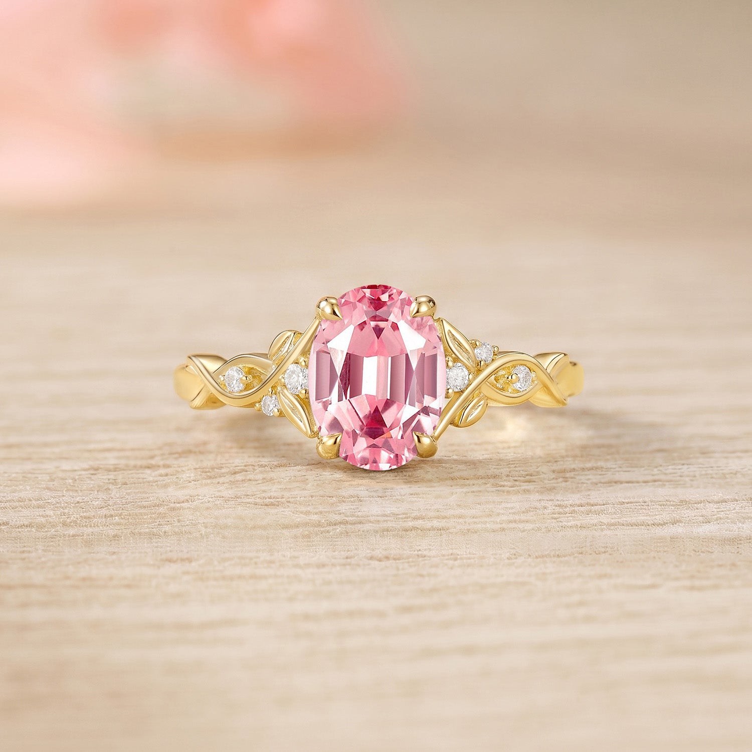 Oval Cut Leafy Twist Band Lab Pink Sapphire Engagement Ring