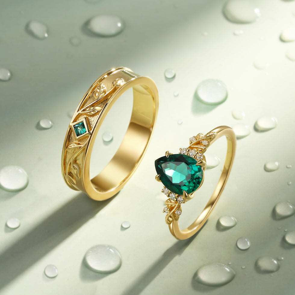 Pear Shaped Lab Emerald Leaf Couple Ring Set 2pcs - Verdant