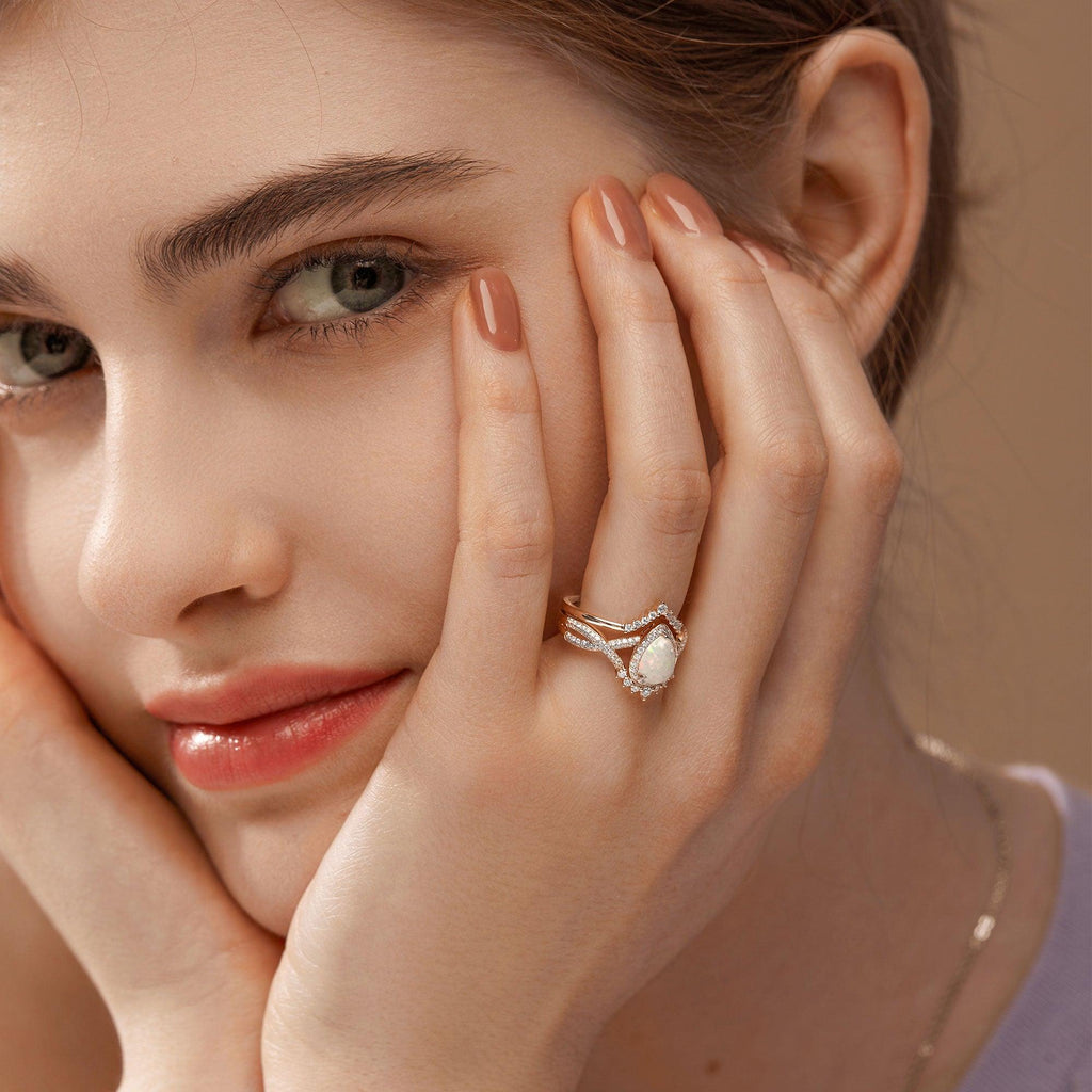Pear Shaped Opal Vintage Halo Infinity Ring Set 2pcs - Felicegals 丨Wedding ring 丨Fashion ring 丨Diamond ring 丨Gemstone ring