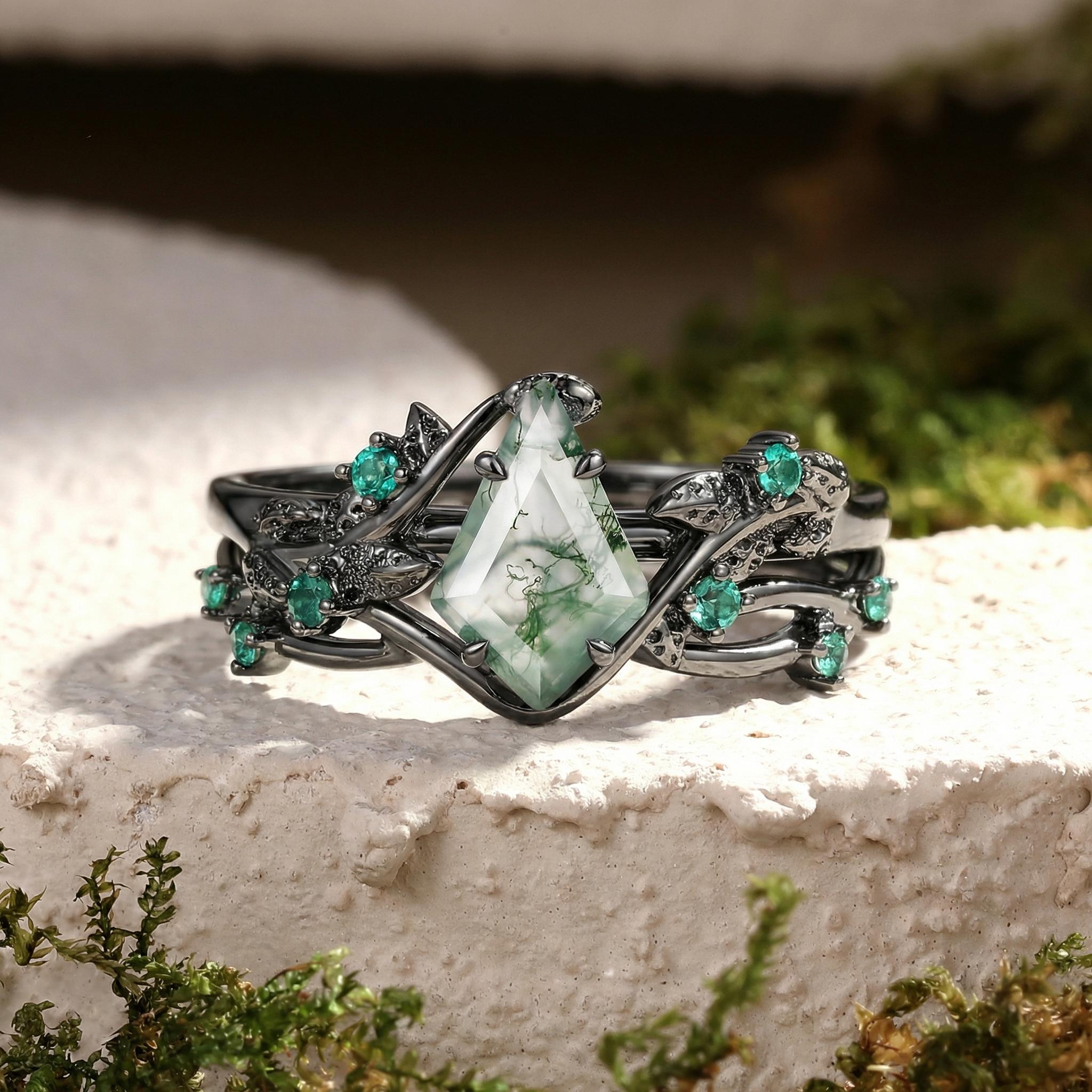 Nature Inspired - Kite Shaped Moss Agate Leafy Ring Set 2pcs - Mossy