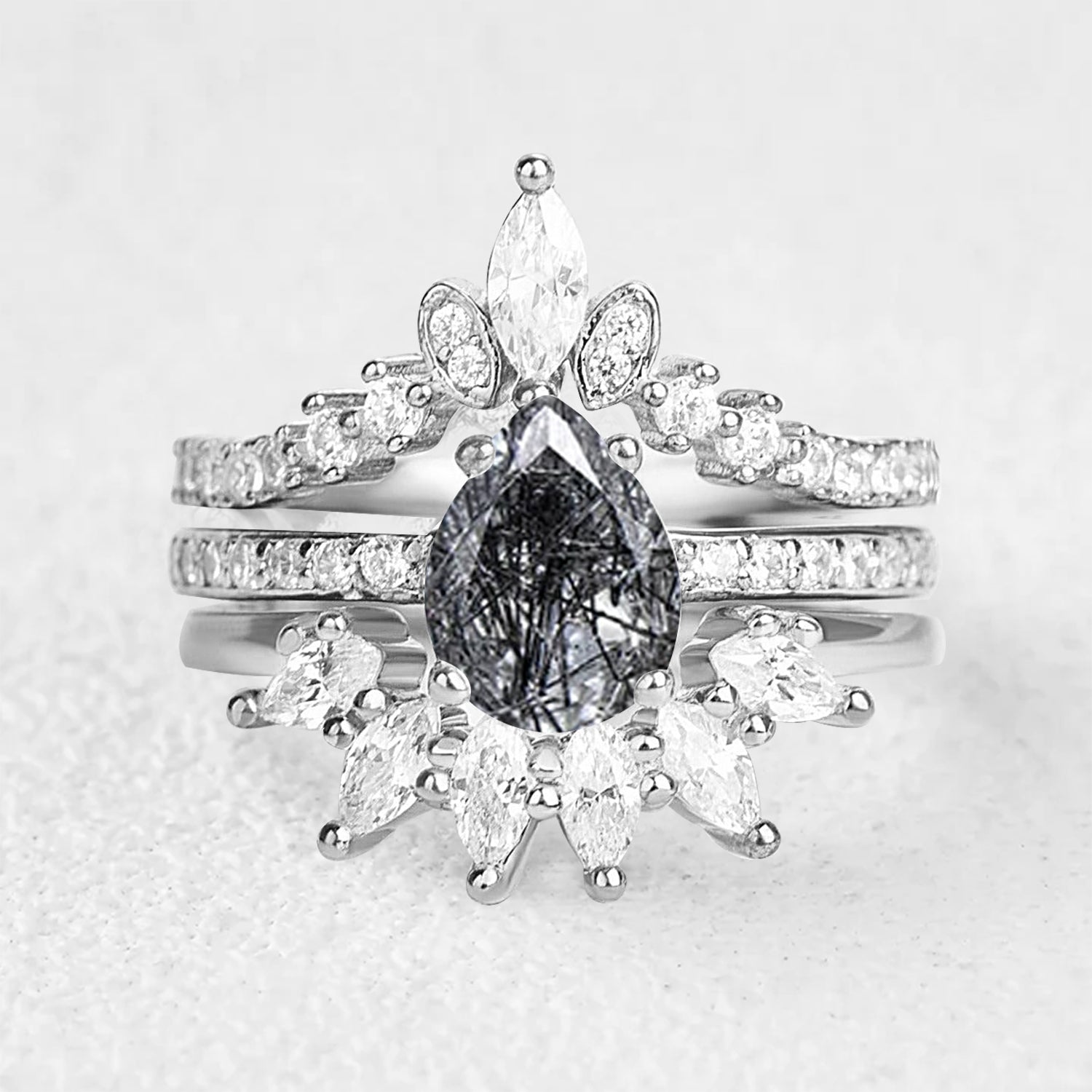 Pear Shaped Black Rutilated Quartz Engagement Ring Set 3pcs 14K White Gold Black Rutilated Quartz
