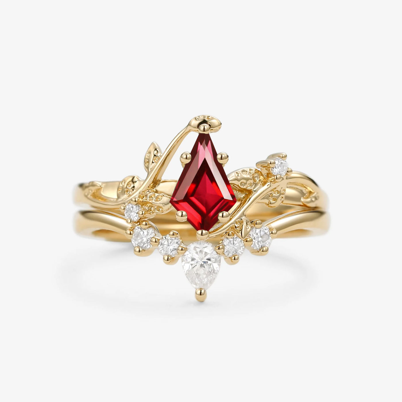 Nature Inspired - Kite Cut Lab Ruby Bridal Ring Set 2pcs Willow