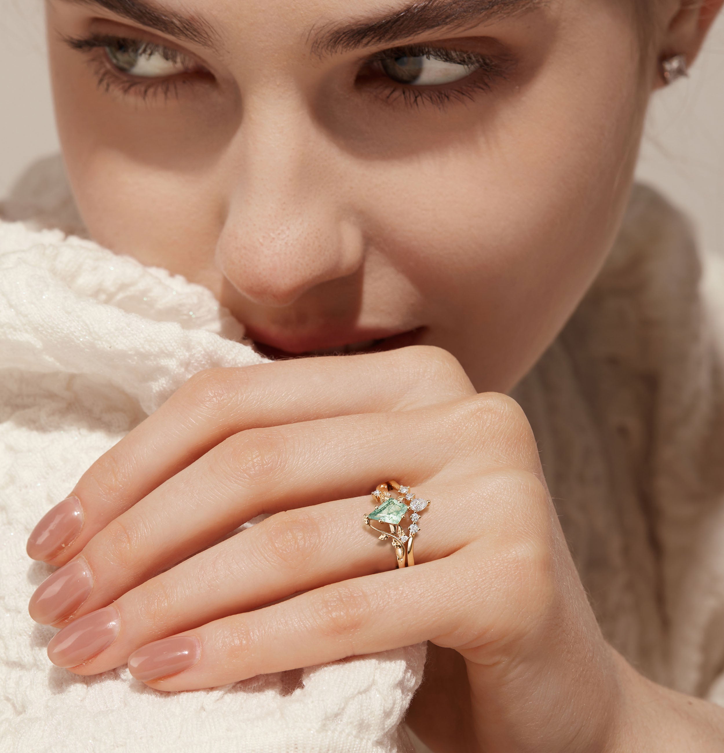 Nature Inspired - Unique Kite Cut Moss Agate Leafy Couple Ring Set