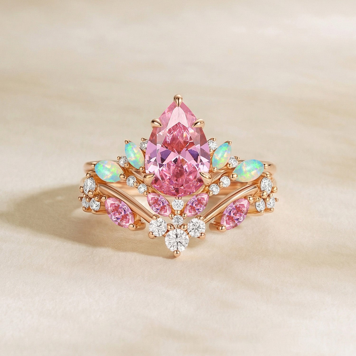Pear Cut Lab Padparadscha Sapphire & Lab Opal Leafy Ring Sets 2pcs - Nectar