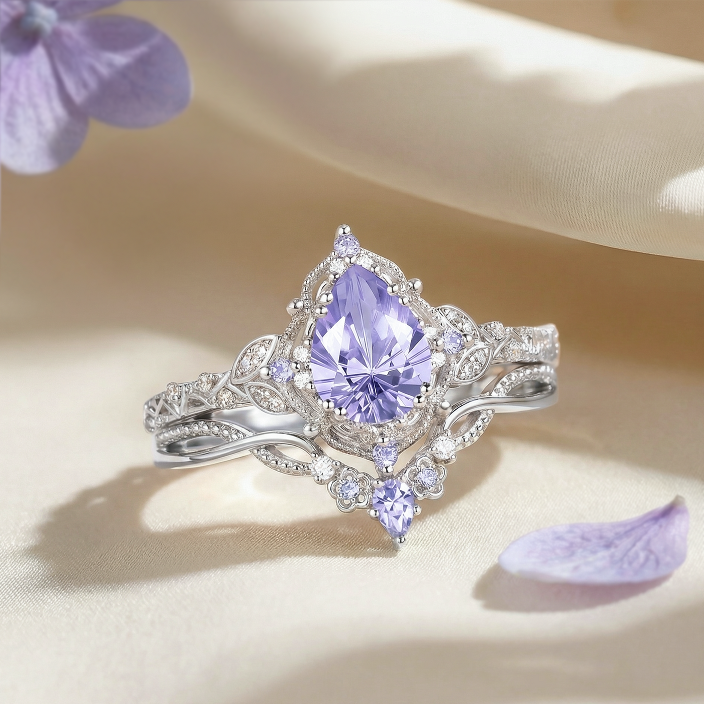 Pear Fireworks Cut Lab Lavender Sapphire Engagement Ring Set - Lyra
