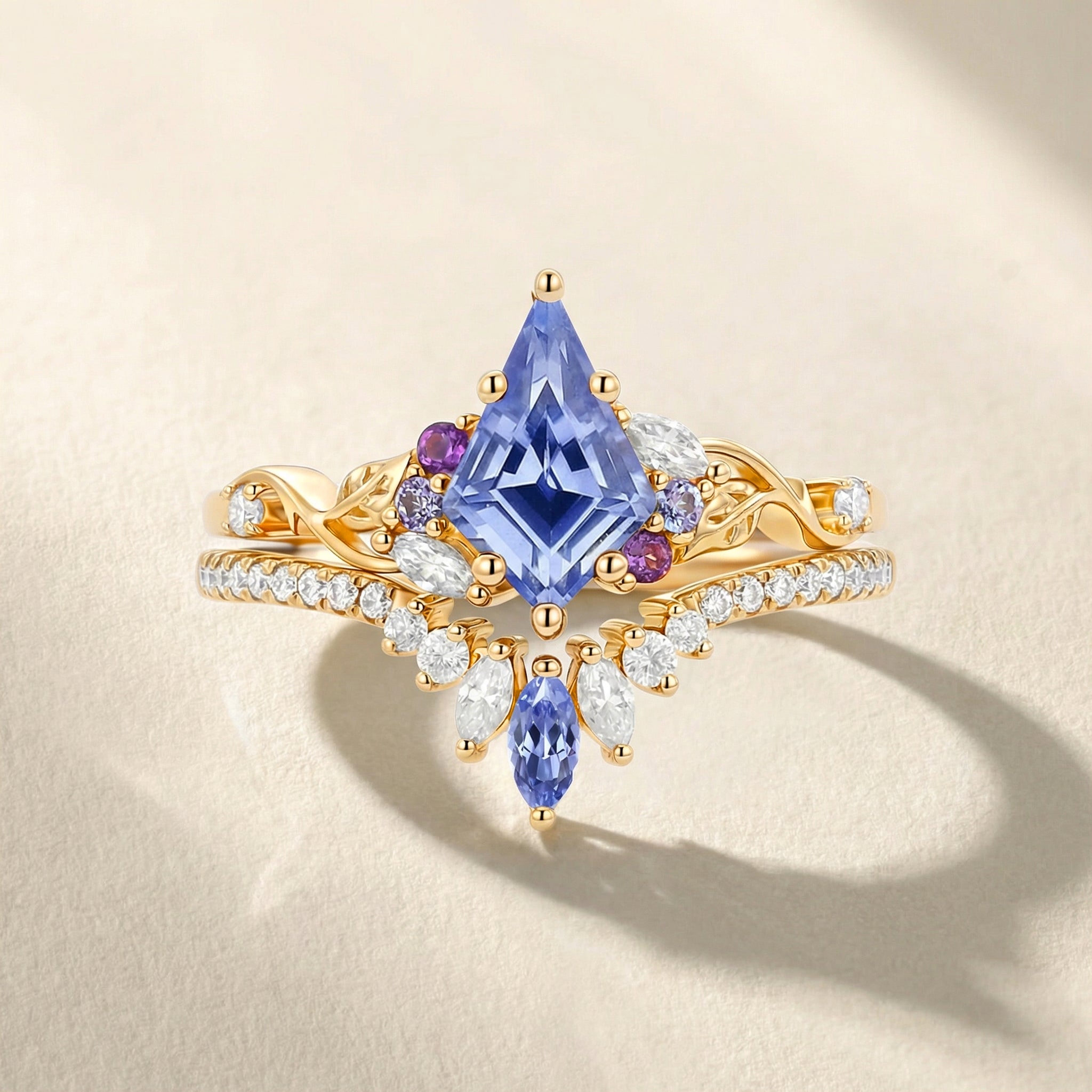 Kite Lab Cornflower Sapphire Leafy Engagement Ring Set 2pcs - Elowen