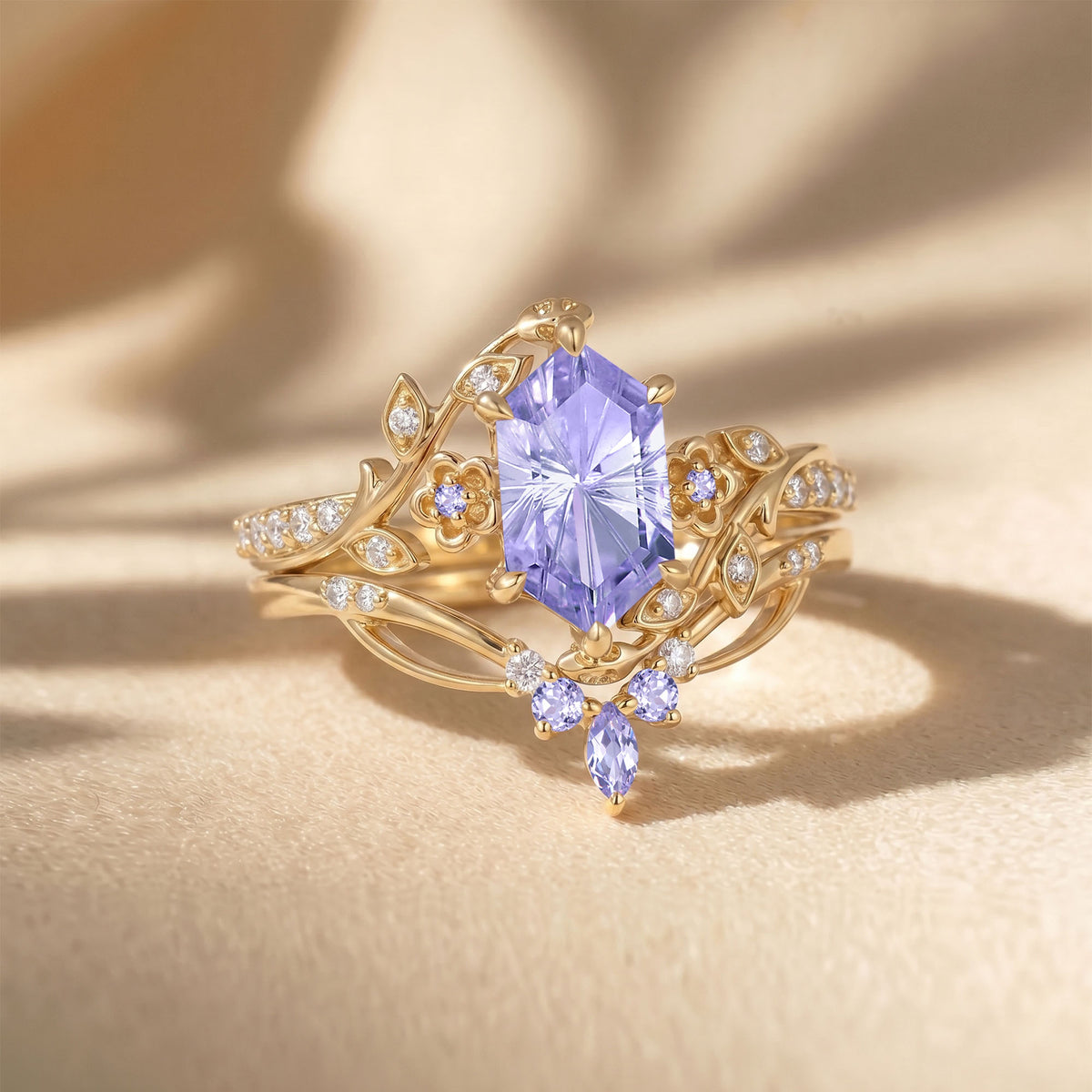 Firework Cut Lab Lavender Sapphire Hexagon Engagement Ring Set - Zane ...