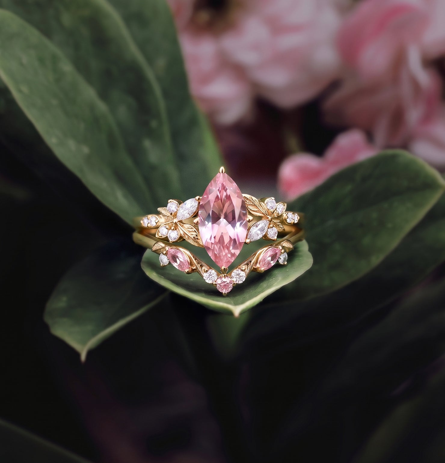 Pear Cut Lab Padparadscha Sapphire & Lab Opal Leafy Ring Sets 2pcs