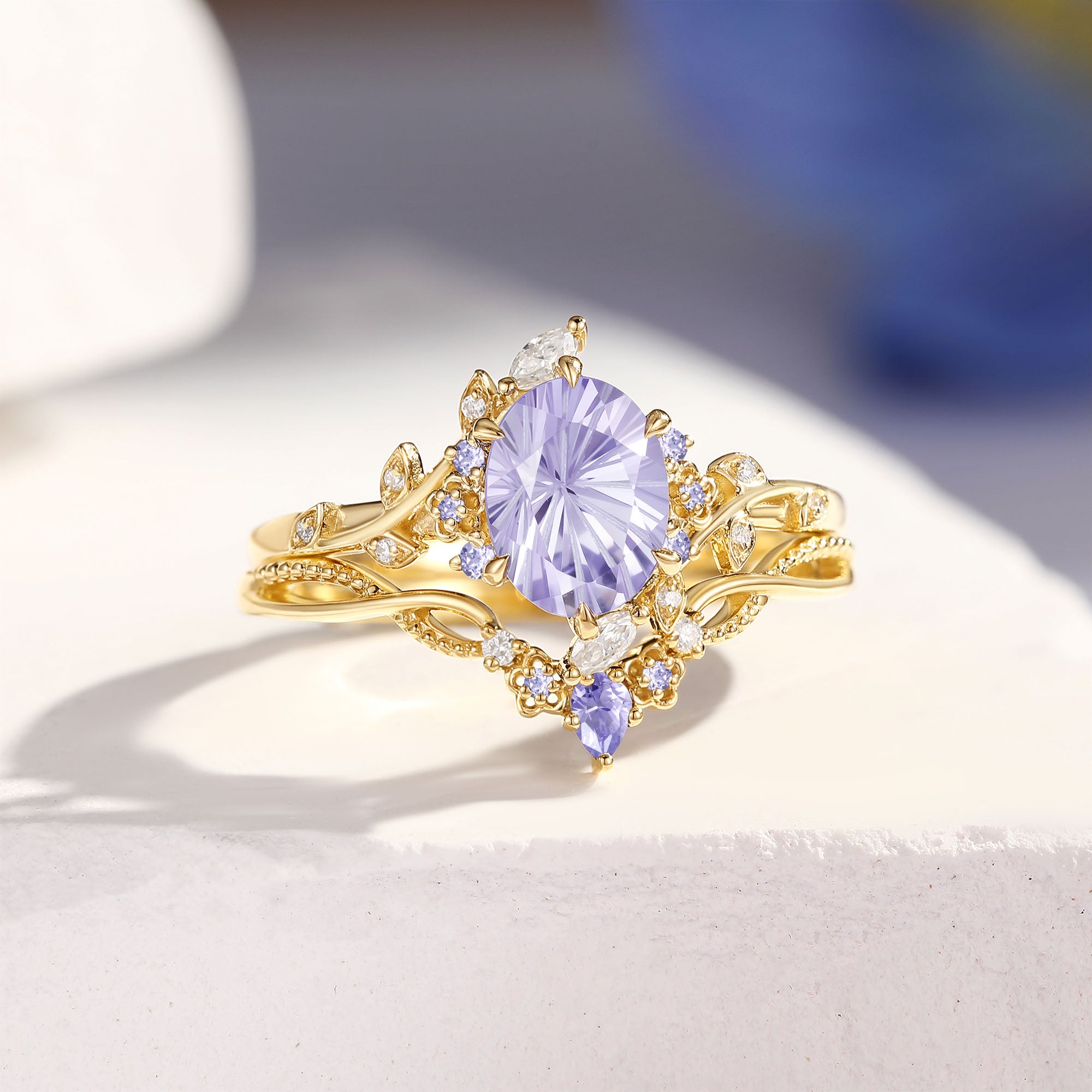 Firework Cut Oval Flower Lab Lavender Sapphire Engagement Ring Set 2pcs - Callista