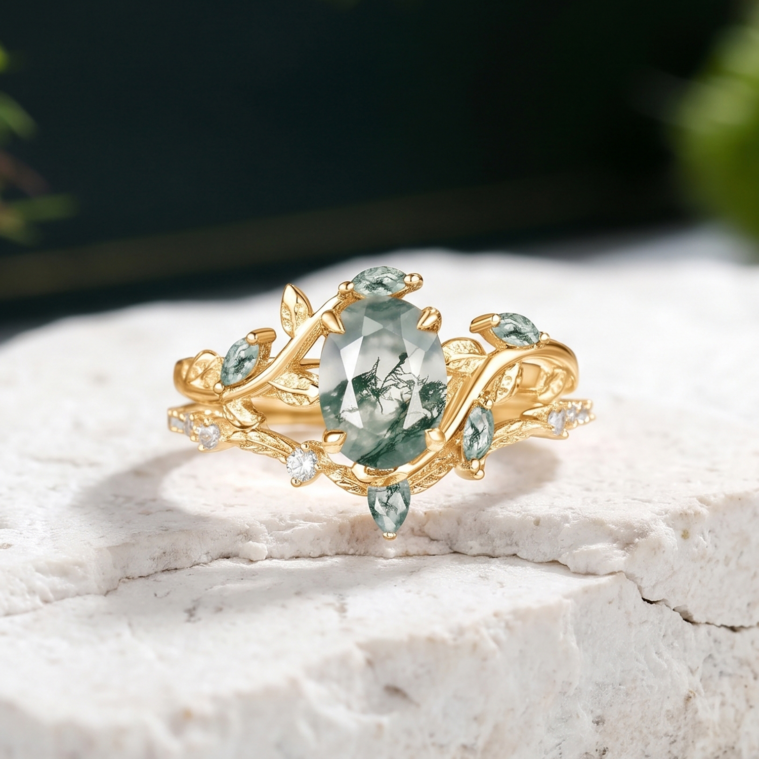 Oval Green Moss Agate Vine Engagement Ring Set 2pcs - Daphne
