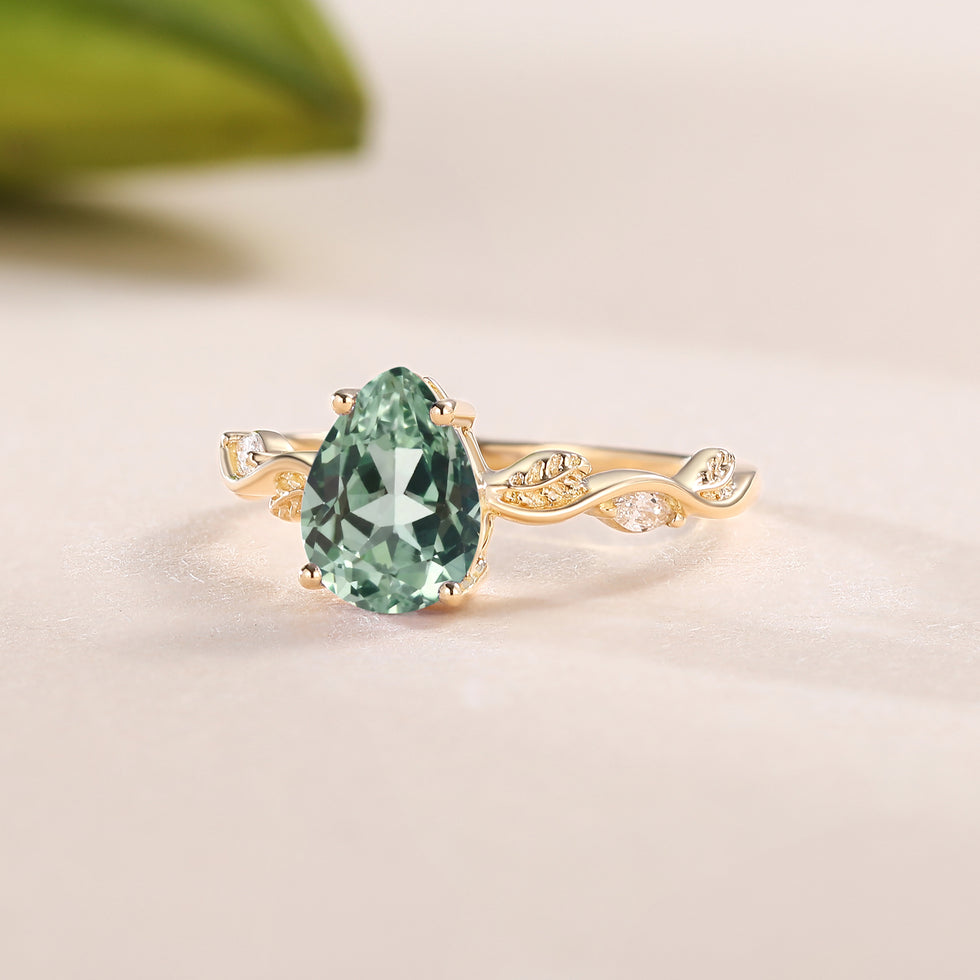Pear Cut Leafy Lab Green Sapphire Engagement Ring - Virens