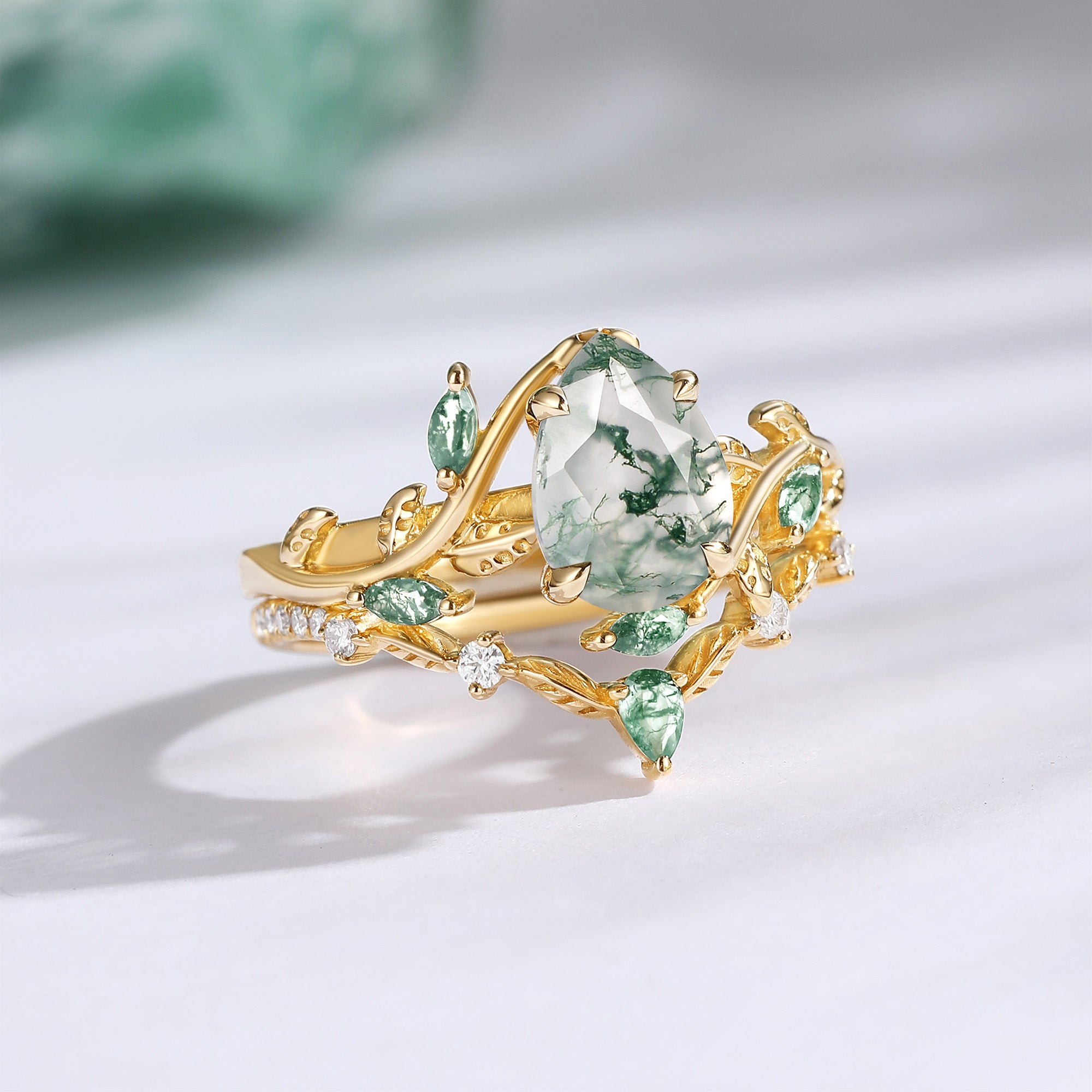 Green Moss Agate Pear Vine Engagement Ring Set 2pcs - Daphne