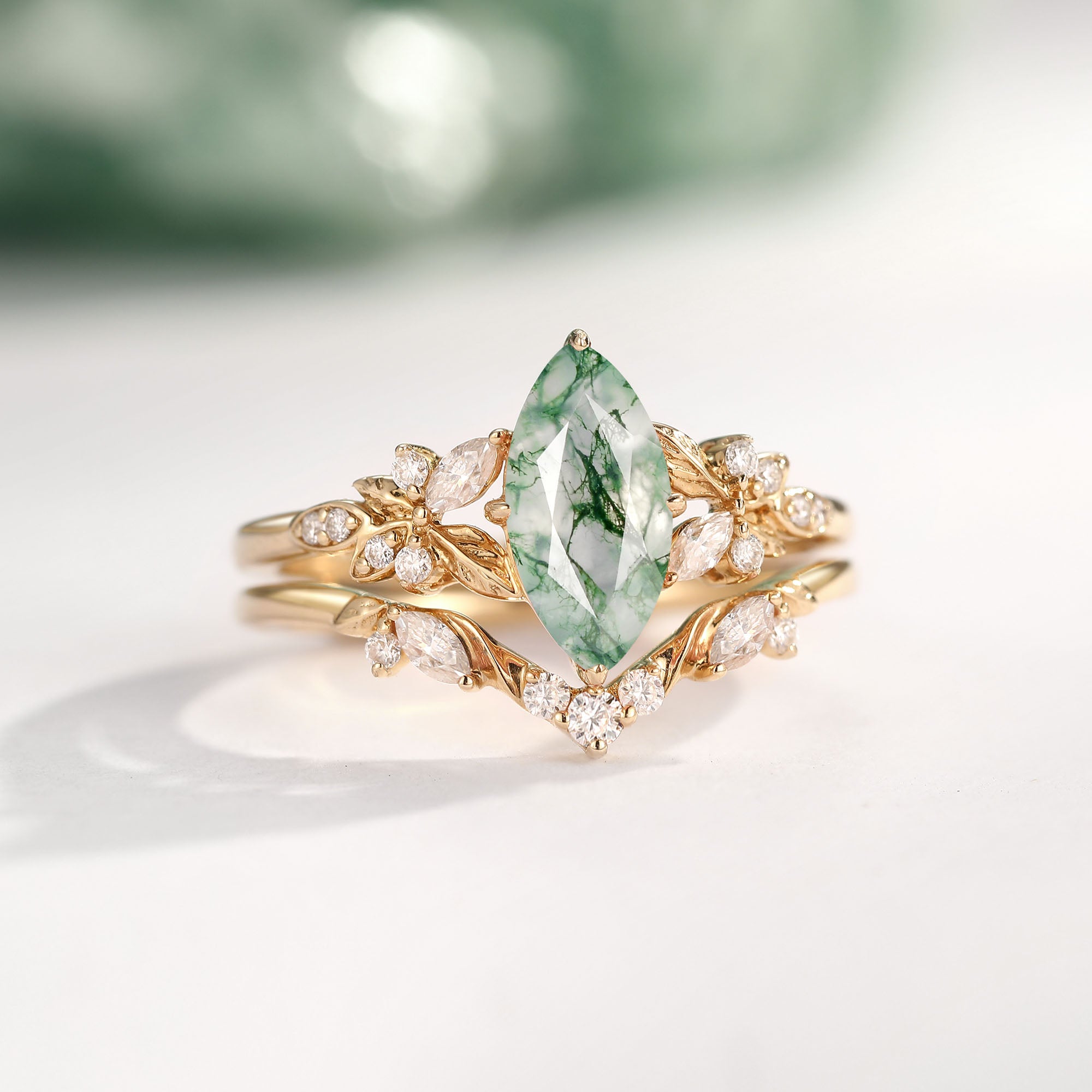 Marquise Moss Agate Leafy Engagement Ring Sets 2pcs - Peony
