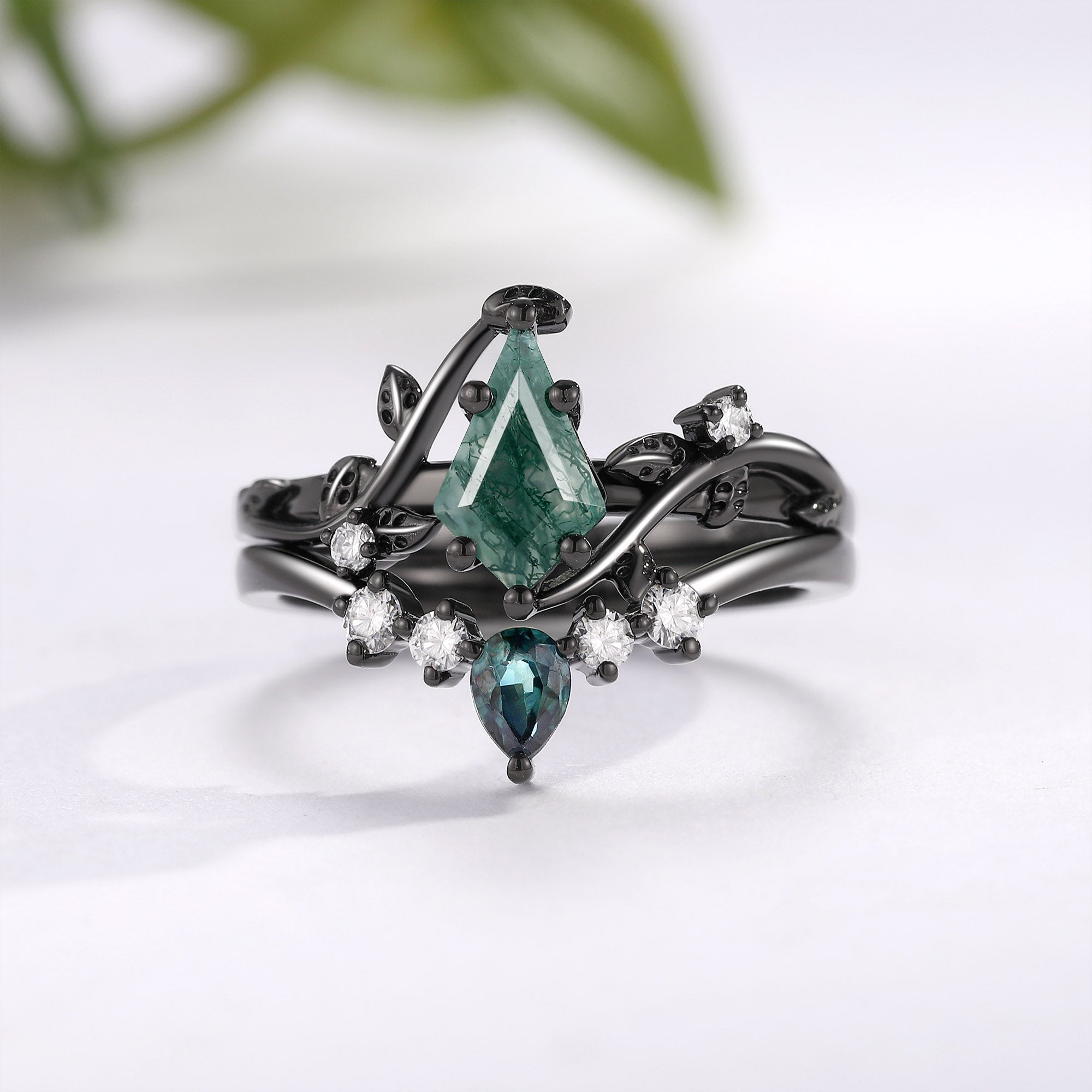 Unique Kite Cut Moss Agate & Teal Sapphire Leafy Bridal Ring Sets 2pcs - Willow