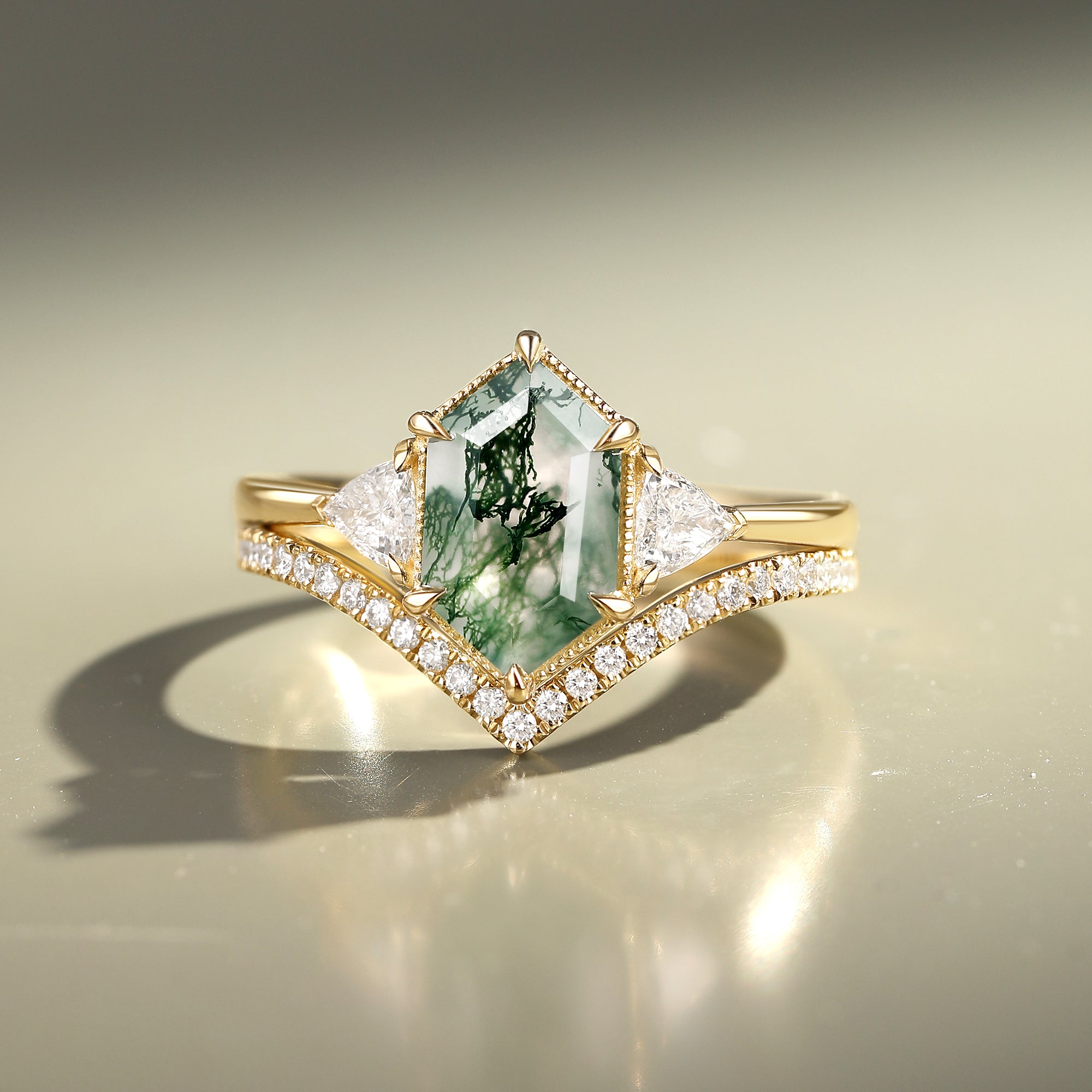 Hexagon Moss Agate Three Stone Engagement Ring Set 2pcs - Jasper