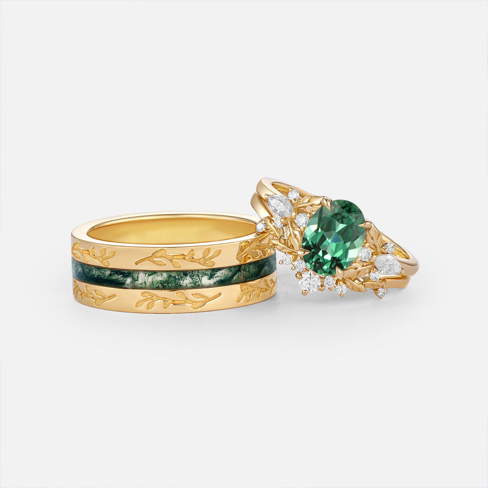 Oval Cut Lab Green Sapphire & Moss Agate Engraved Leafy Couple Ring Set 3pcs - Sedona