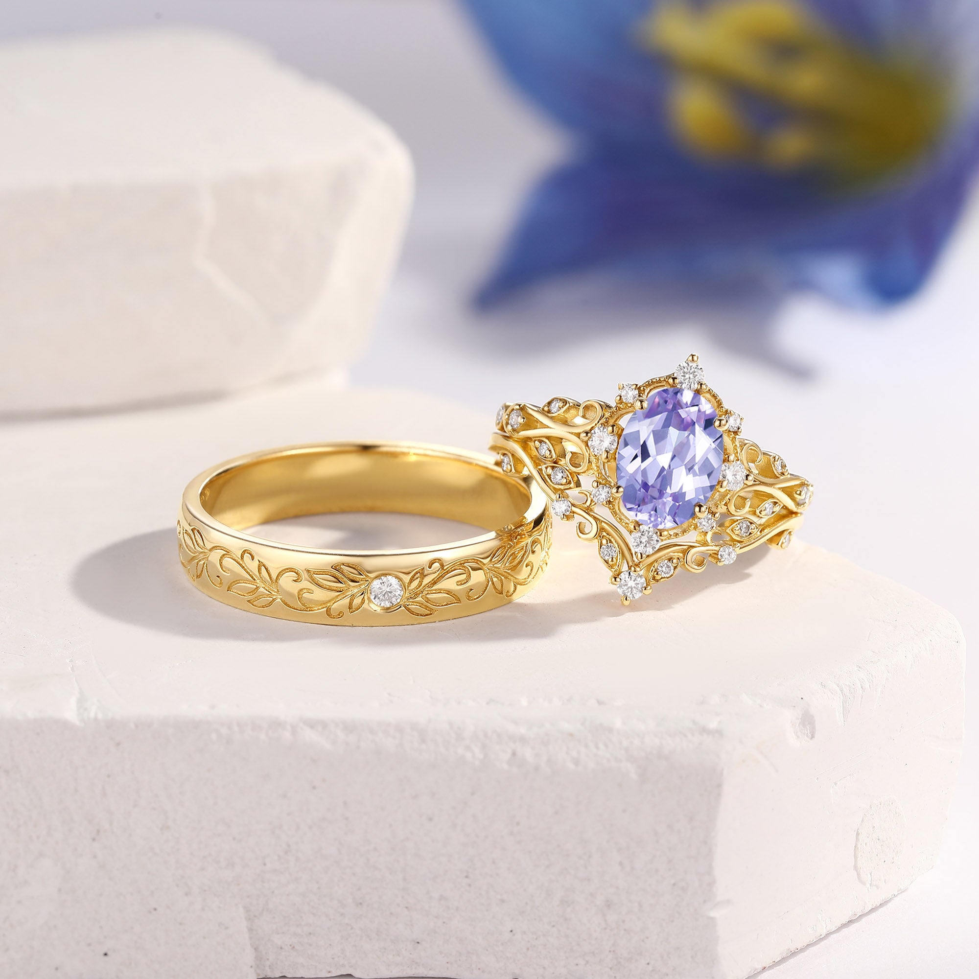 Oval Shaped Lab Lavender Sapphire & Moissanite Engraved Couple Ring Sets - Annora