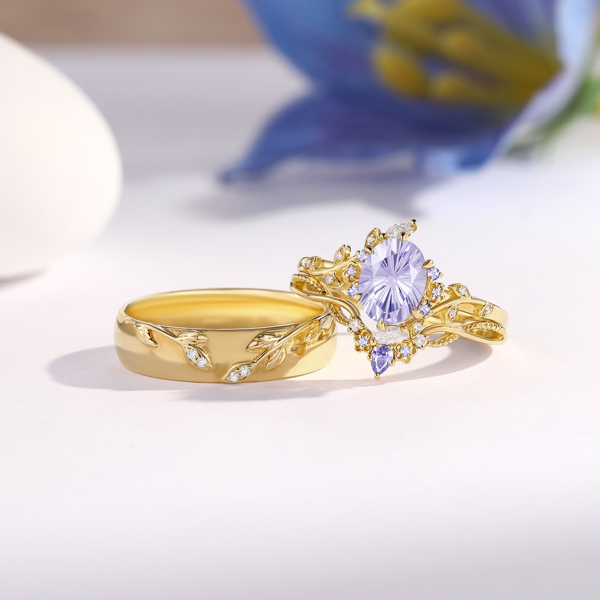 Firework Cut Oval Lab Lavender Sapphire & Moissanite Leaf Couple Ring Sets - Callista