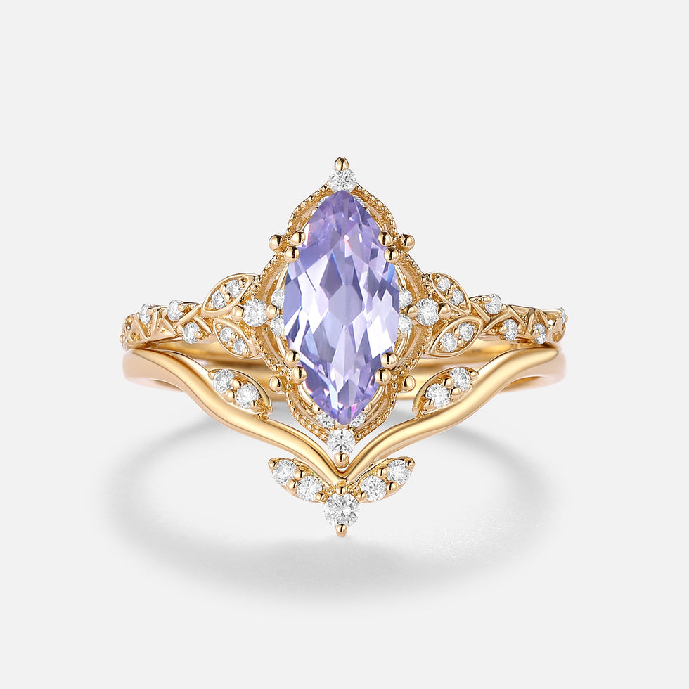 Marquise Vintage Lab Lavender Sapphire Engagement Ring Sets 2pcs - Arundel