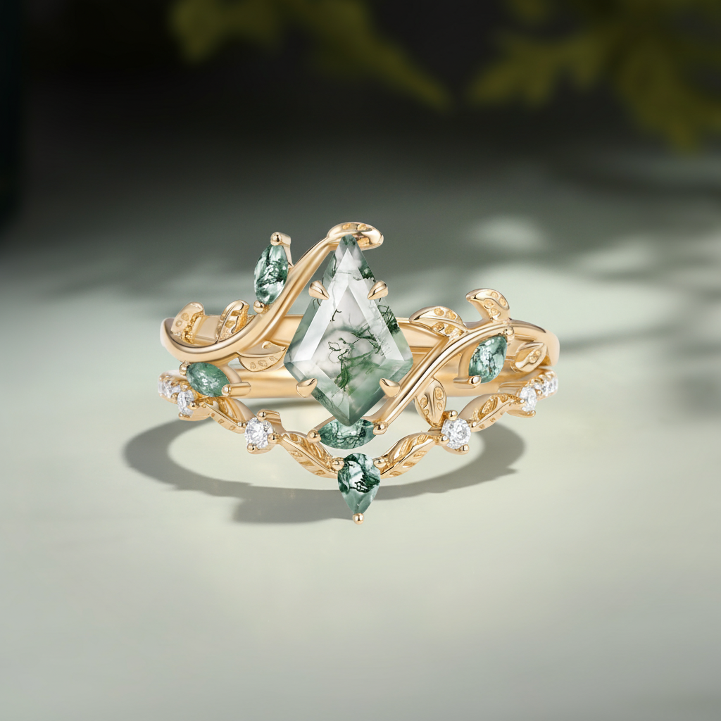 Natural Moss Agate Kite Vine Engagement Ring Set 2pcs - Daphne
