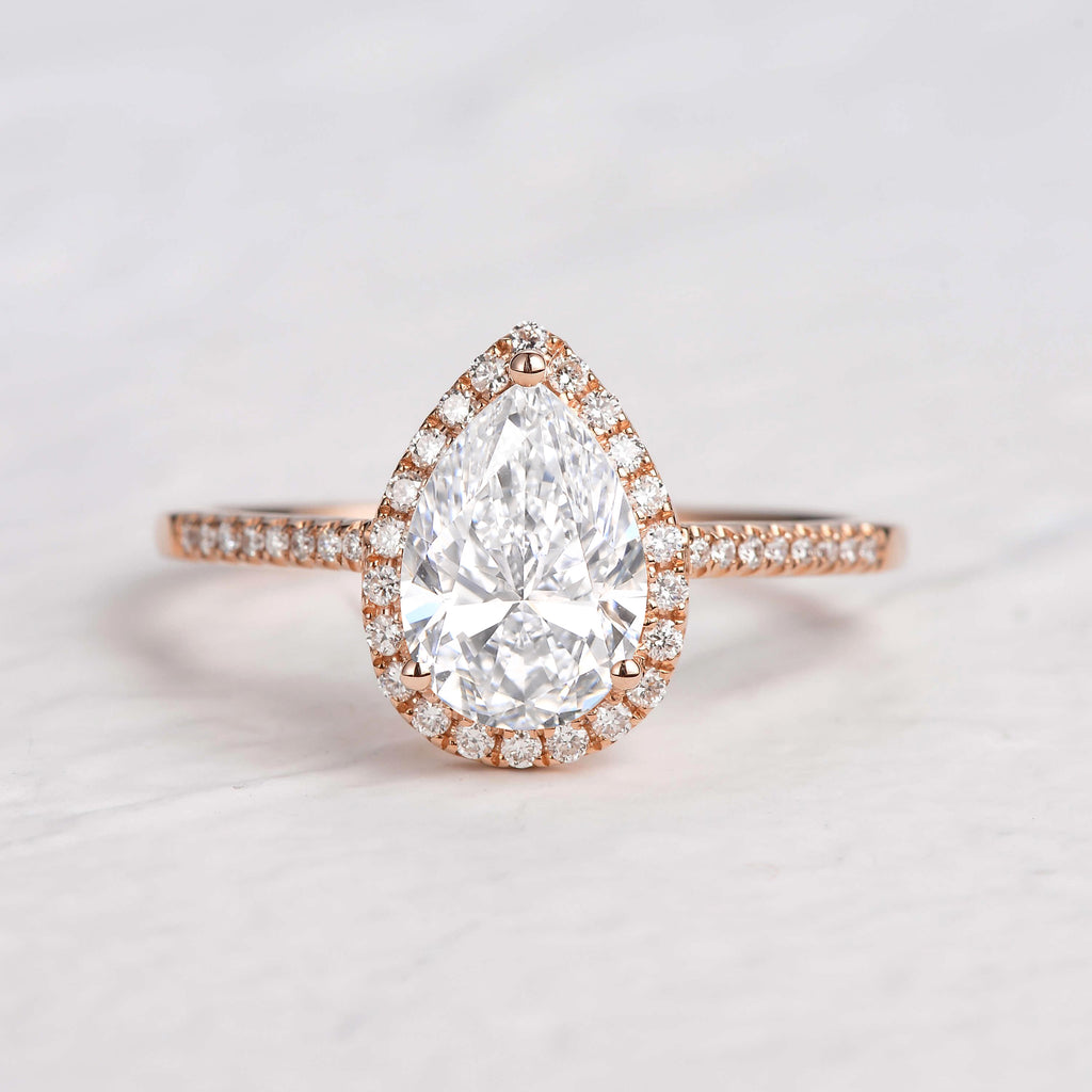 1.3ct Pear Shaped Lab Grown Diamond Classic Halo Gold Ring
