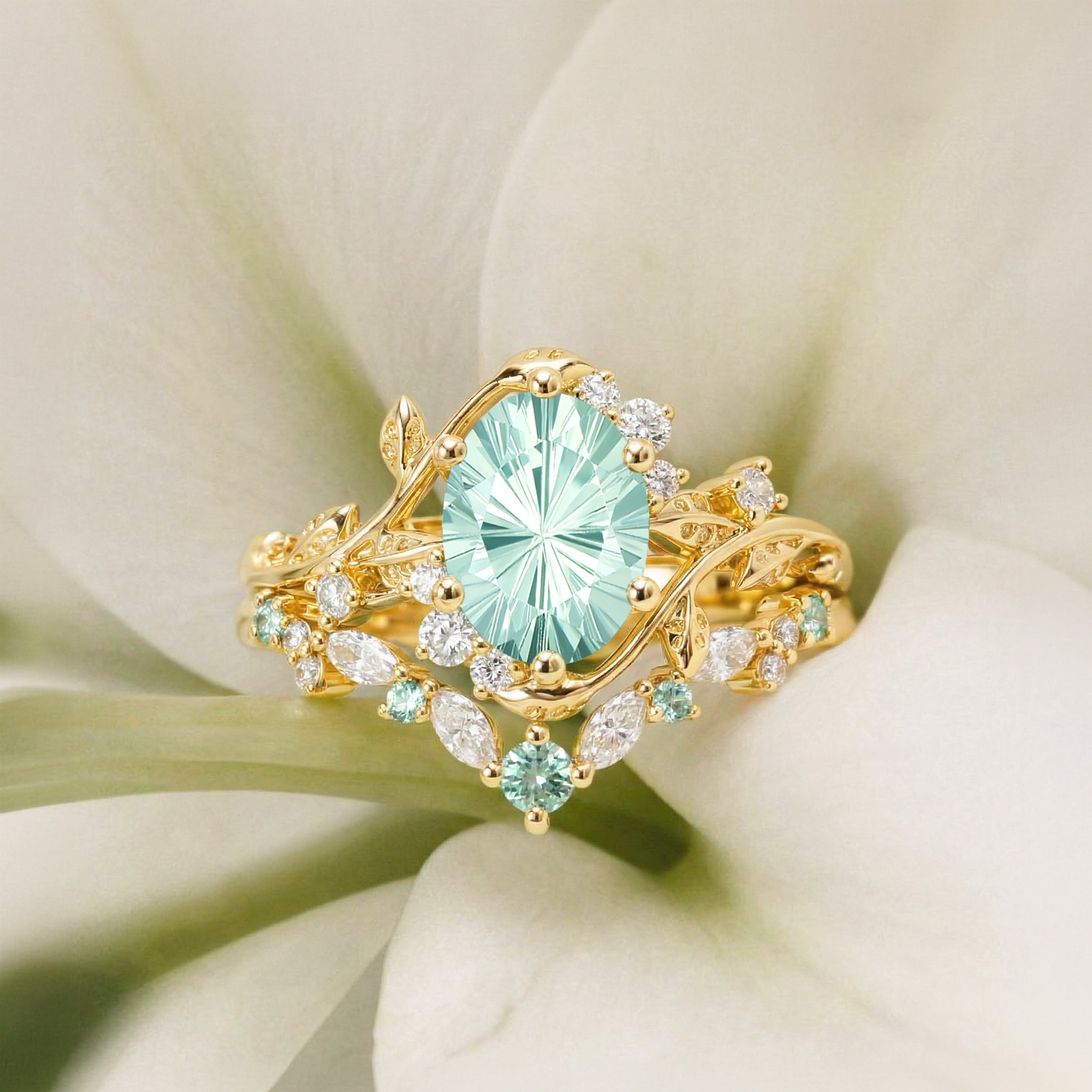 Firework Cut Oval Leafy Lab Green Sapphire Engagement Ring Set 2pcs - Lilac