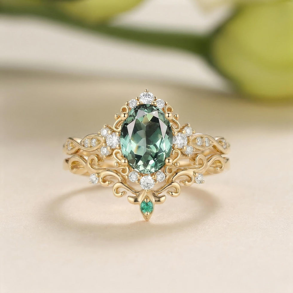 Vintage Oval Cut Lab Green Sapphire Engagement Ring Set 2pcs - Ritak