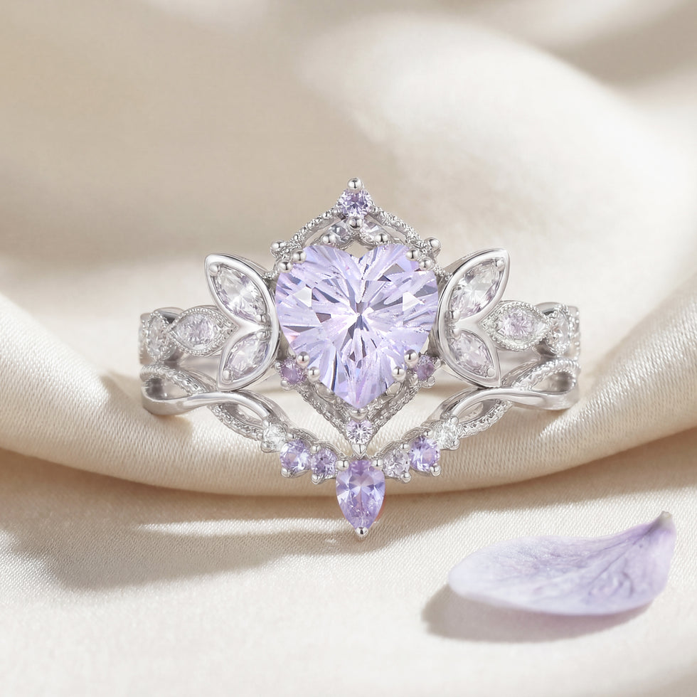 Heart Fireworks Cut Lab Lavender Sapphire Engagement Ring Set - Asteria