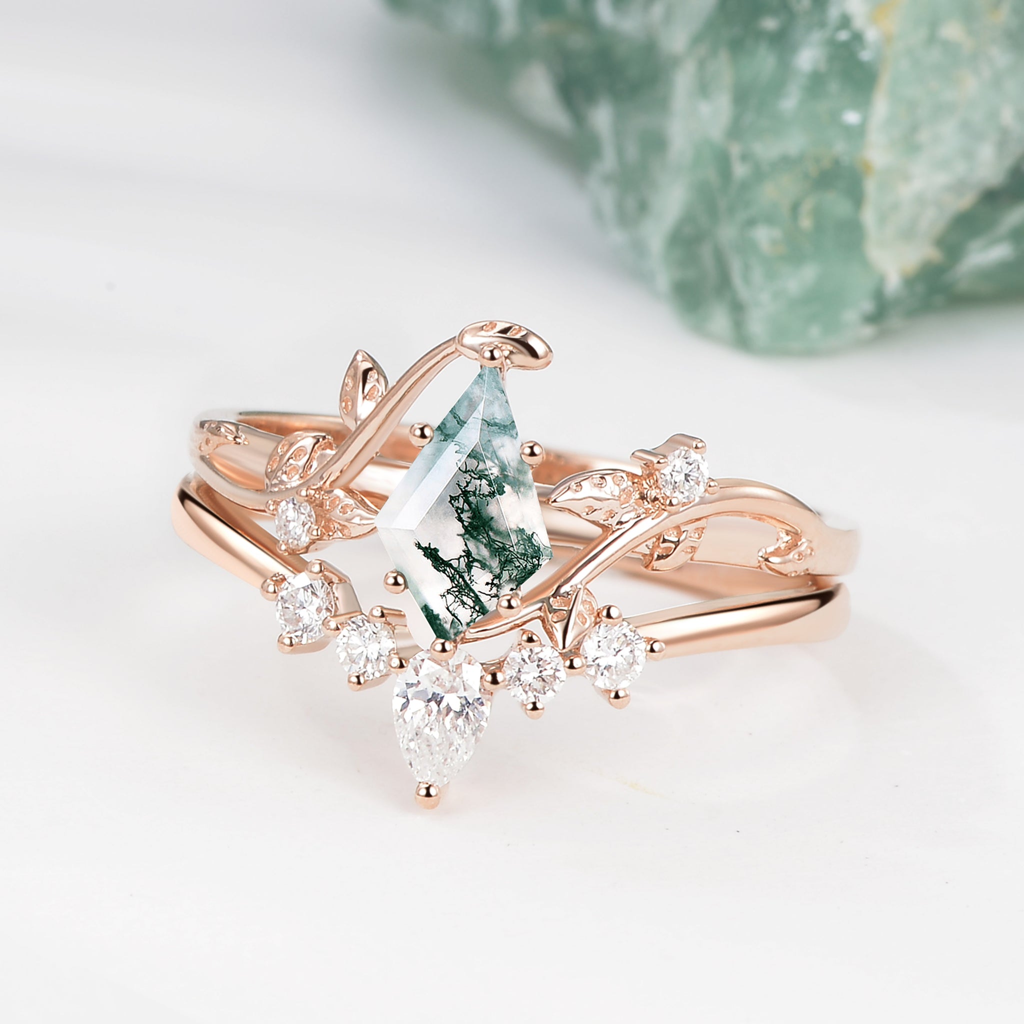 14K Rose Gold Moss Agate Engagement ring, Minimal outlets Moss Agate Bridal Wedding Rings for women Anniversary Gifts For Mother ArtDeco, Halo Ring