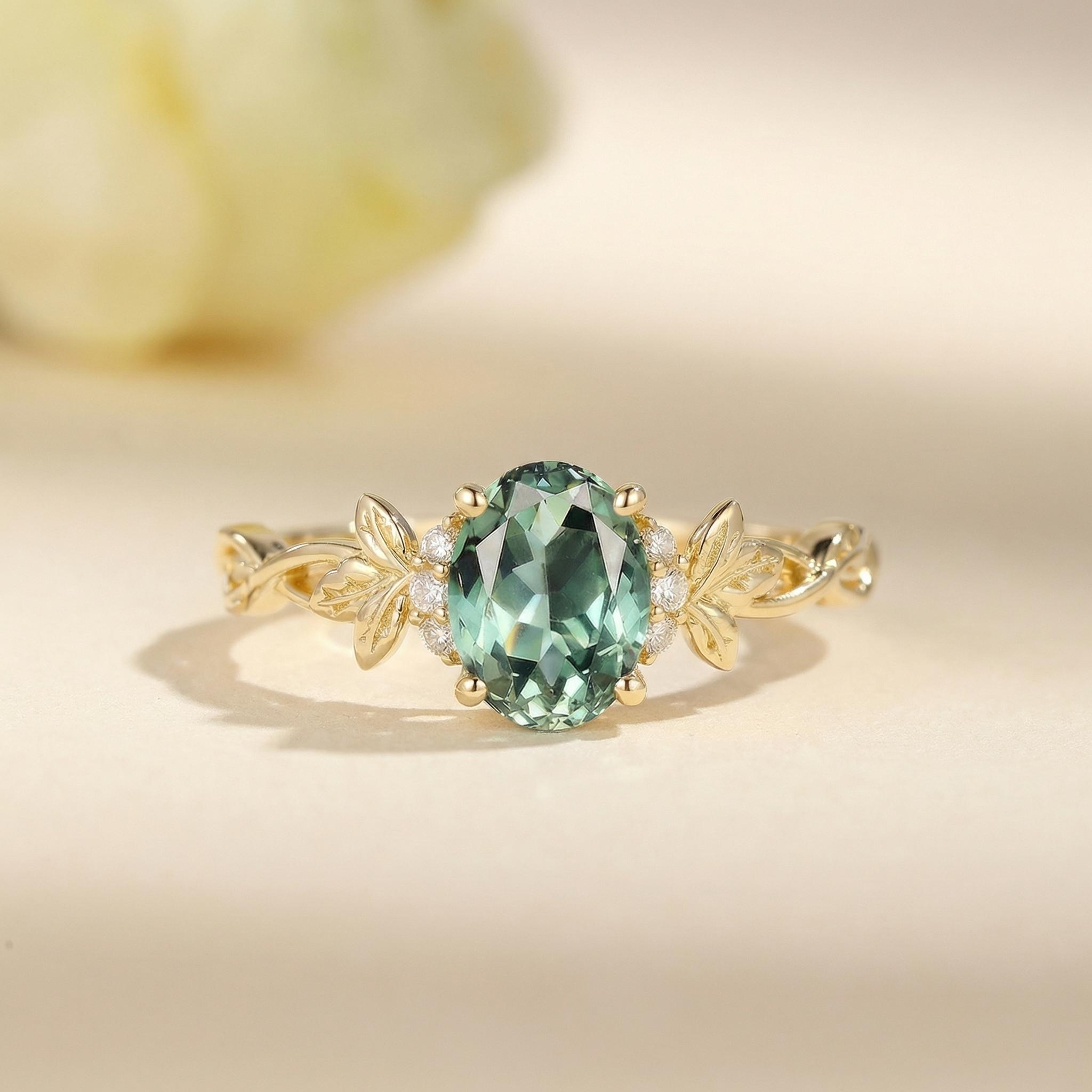 lab green sapphire leafy engagement ring