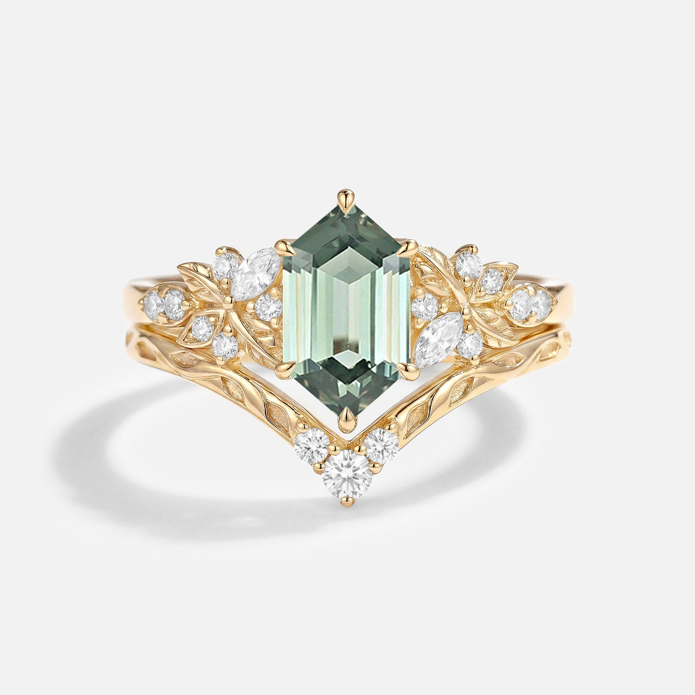 Hexagon Cut Leafy Lab Green Sapphire Engagement Ring Sets 2pcs - Lena