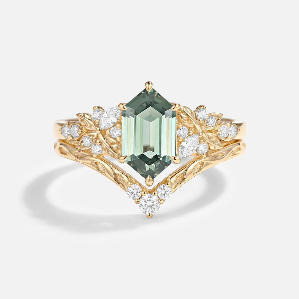 Hexagon Cut Leafy Lab Green Sapphire Engagement Ring Sets 2pcs - Lena