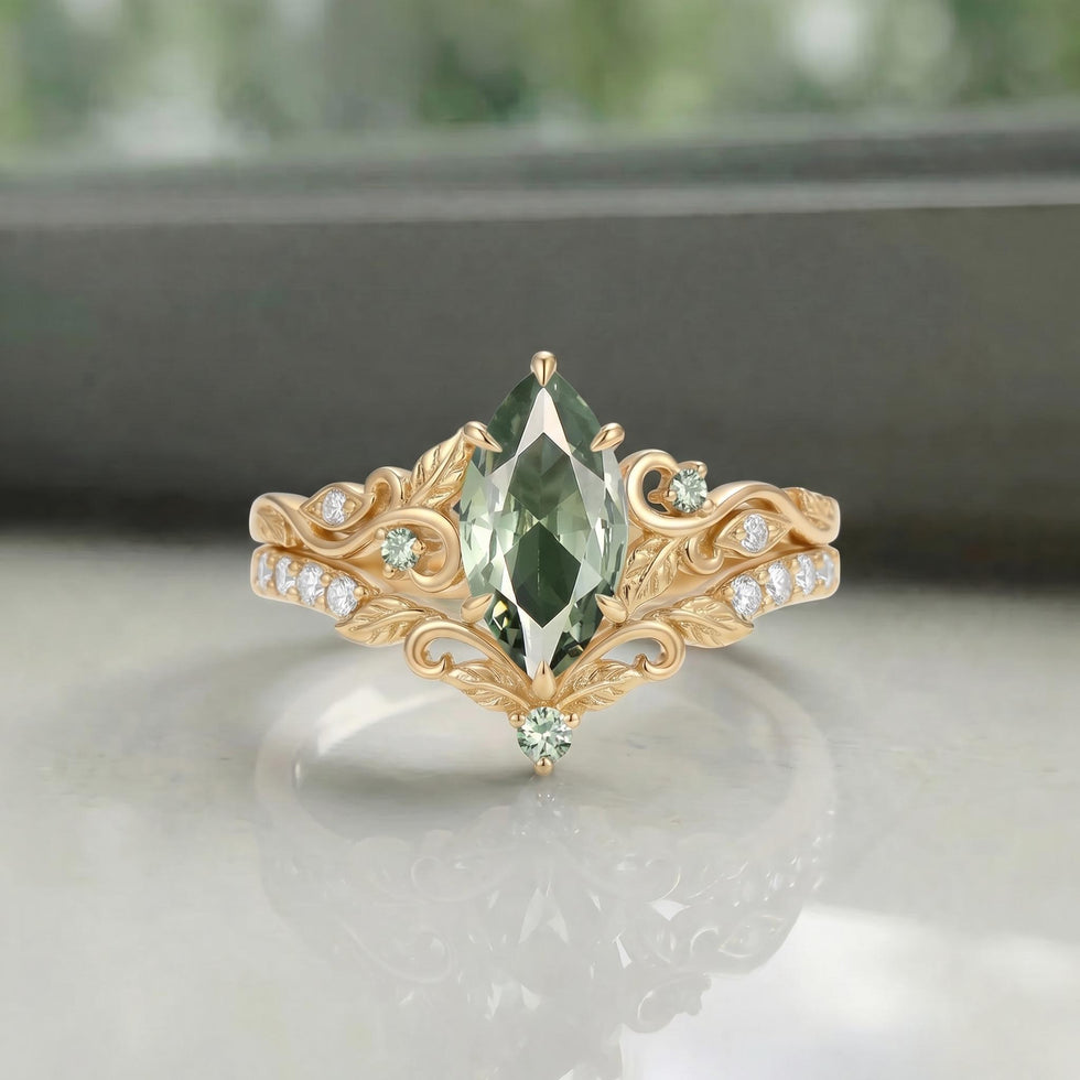 Marquise Cut Leafy Twist Lab Green Sapphire Engagement Ring Sets 2pcs - Valynne