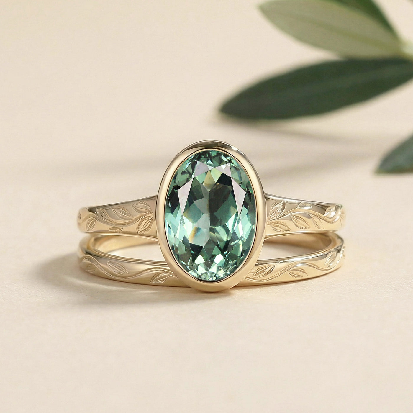 Sigil Oval Bezel Engraved Green Sapphire Ring Set — Felicegals